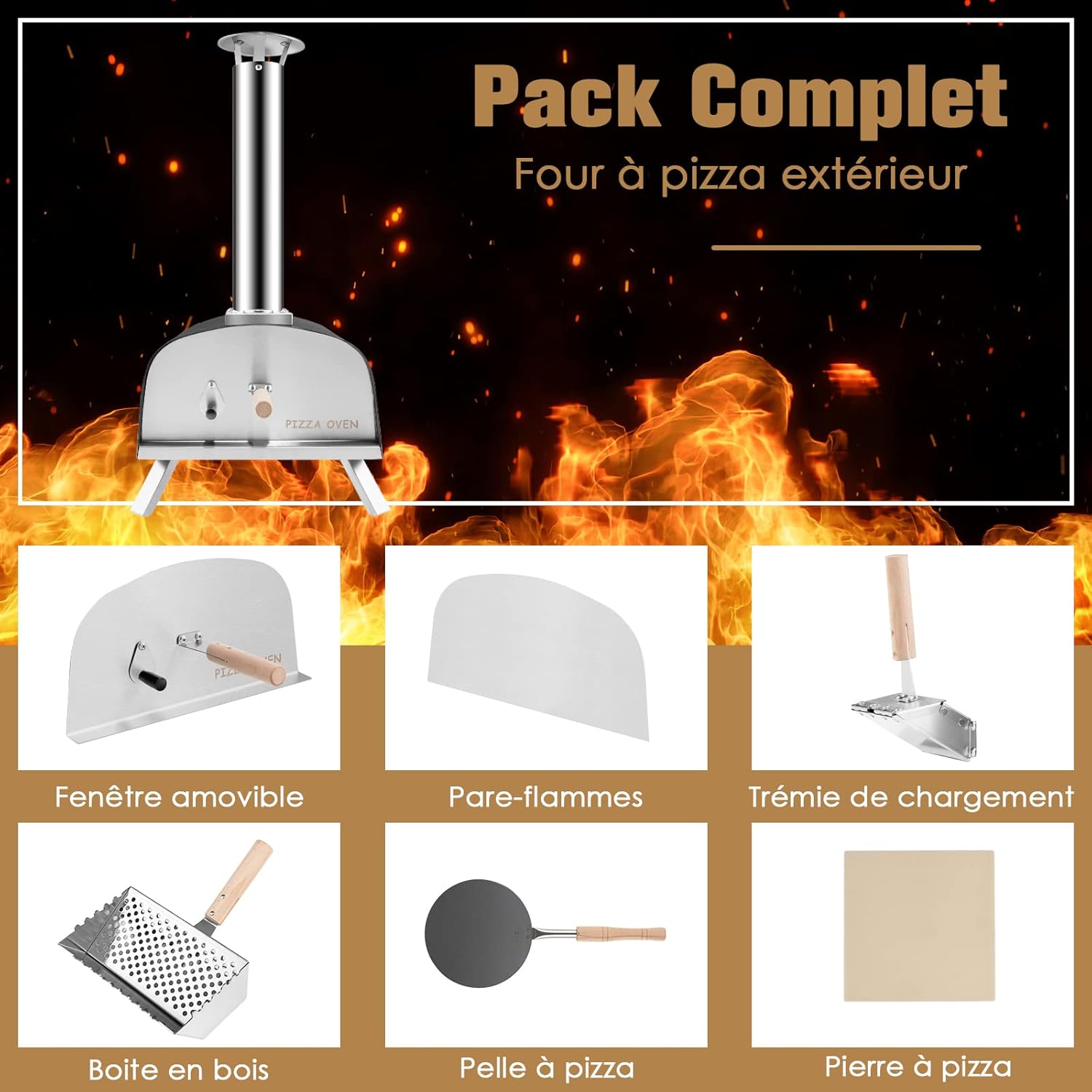 GYMAX Horno de Pizza de Madera Porttil con Termmetro, Horno de Madera para Pizza, con Piedra para Pizza y Pala para Pizza, para Jardn, Camping y Fiesta