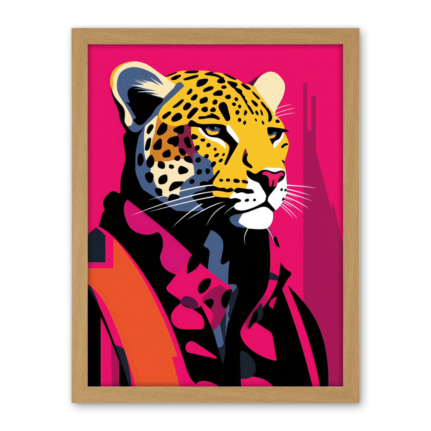 Artery8 Strong Leopard in Suit Bold Artwork Orange Pop Art Hot Pink Vibrant Portrait Artwork Framed Wall Art Print 18X24 Inch