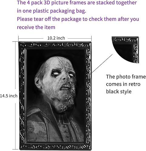 Miniatura 3 de OEDOC Paquete de 4 marcos de fotos de Halloween de 10.2 x 14.5 pulgadas con expresión de rostro cambiante en 3D, para decoración de fiestas de