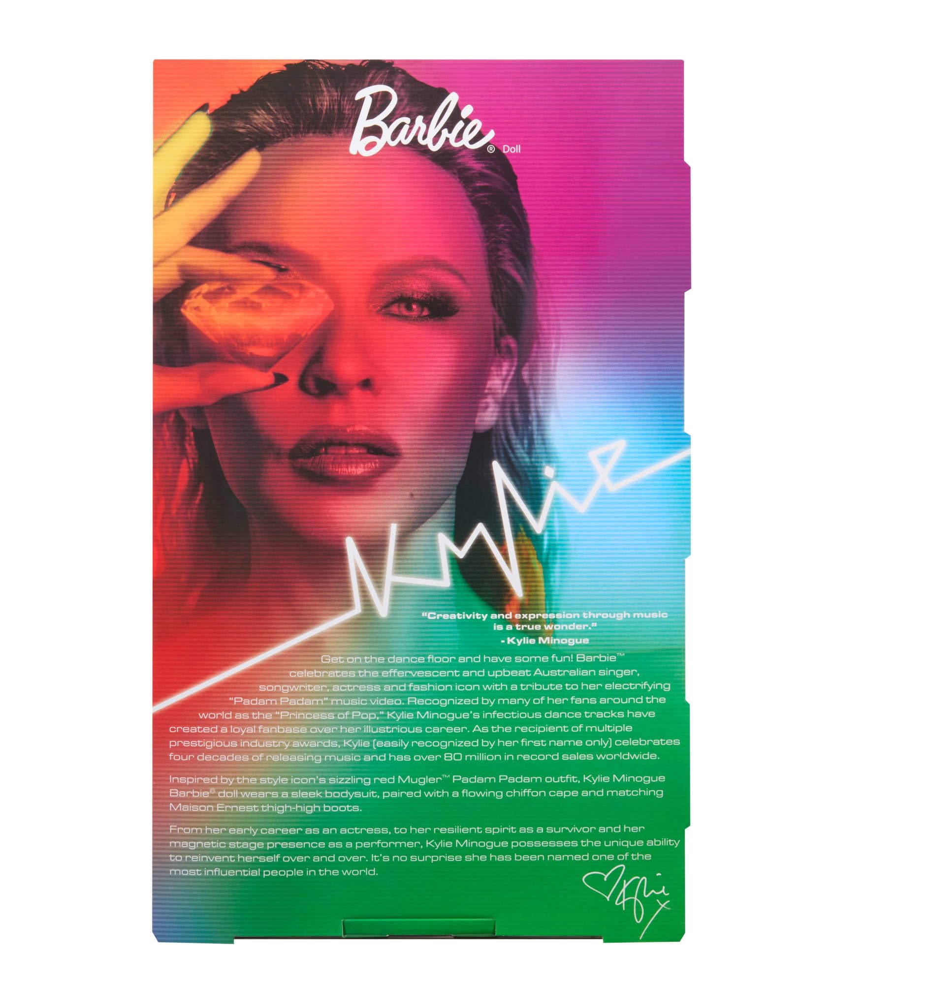 Barbie Signature-Puppe, Kylie Minogue bewegliche Sammelfigur im Outfit des Musikvideos Padam Padam mit rotem Bodysuit, Chiffonumhang und Schnürstiefeln, JBJ39
