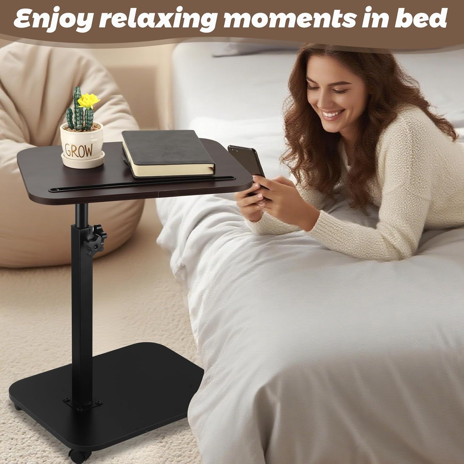 Sofa Armrest Tray Table for Couch, TV Tray Table 360° Flip-Over Panel Design & 360° Swivel Casters Swivel, C Shaped Sofa Side End Table for Couch, Bed, Chair, Living Room(Walnut)