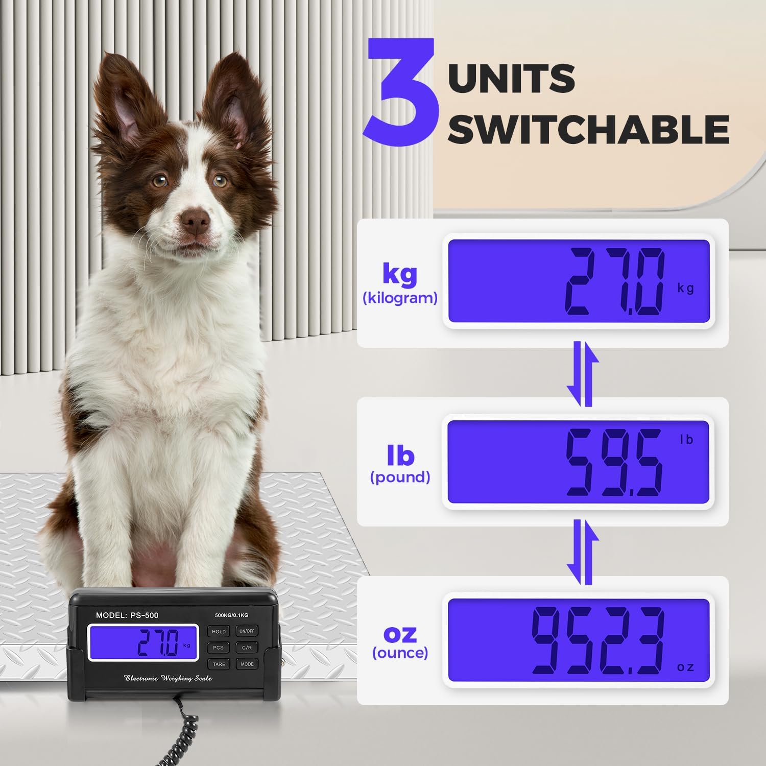 Bonvoisin 500kg/0.1kg Balance Vétérinaire et Bétail, Plateforme Antidérapante 103x53cm, Tare/Hold/Comptage, Affichage LCD à Distance, Double Alimentation&Rangement Intégré pour Chiens, Bovins, Mouton