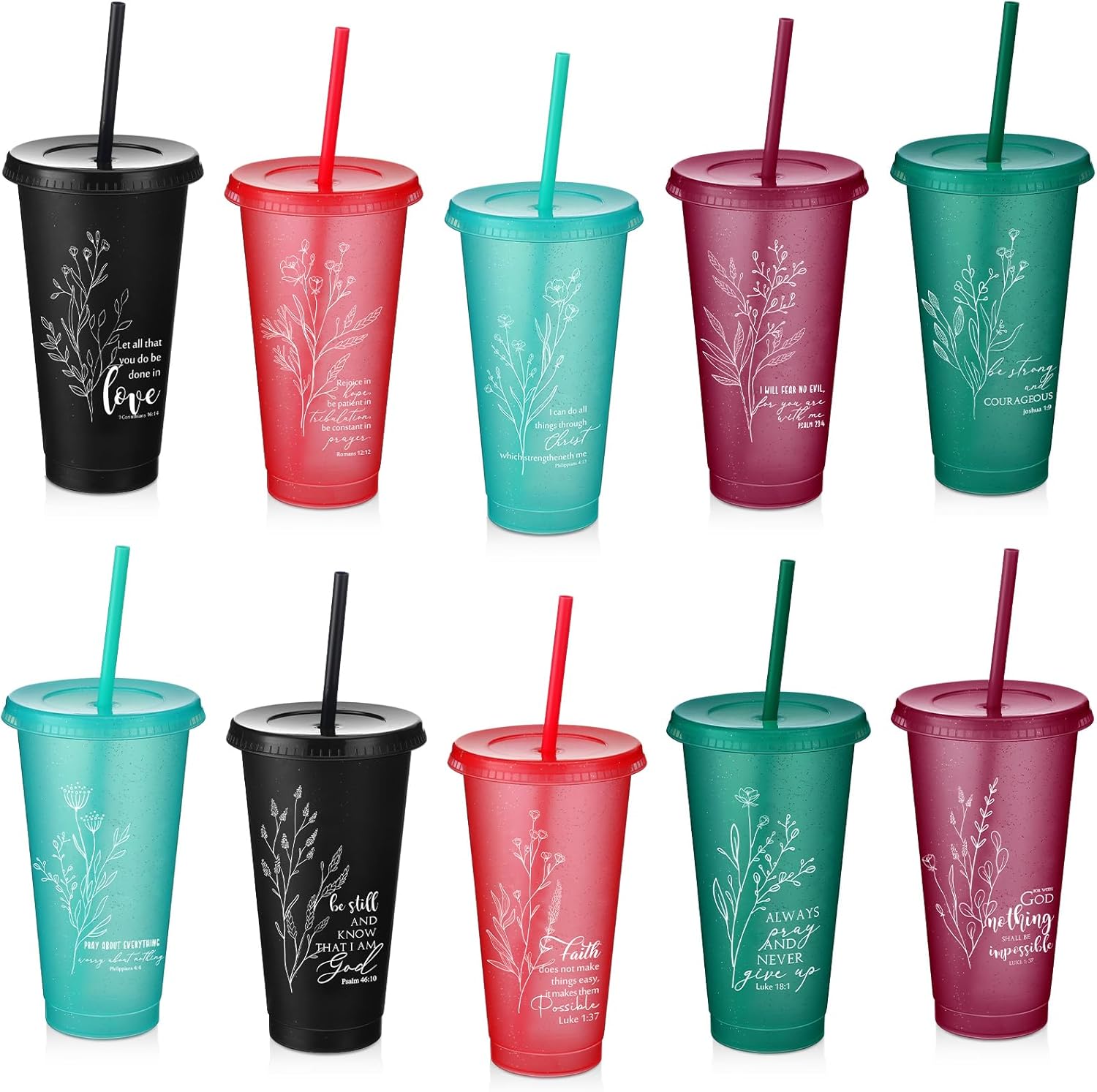 10 Pcs Christian Gift Bulk Christian Tumbler Plastic Bible Verse Scripture Cups Bulk 24oz Religious Church Coffee Cup for Sunday School Valentines Party Gift (Christmas Colors)