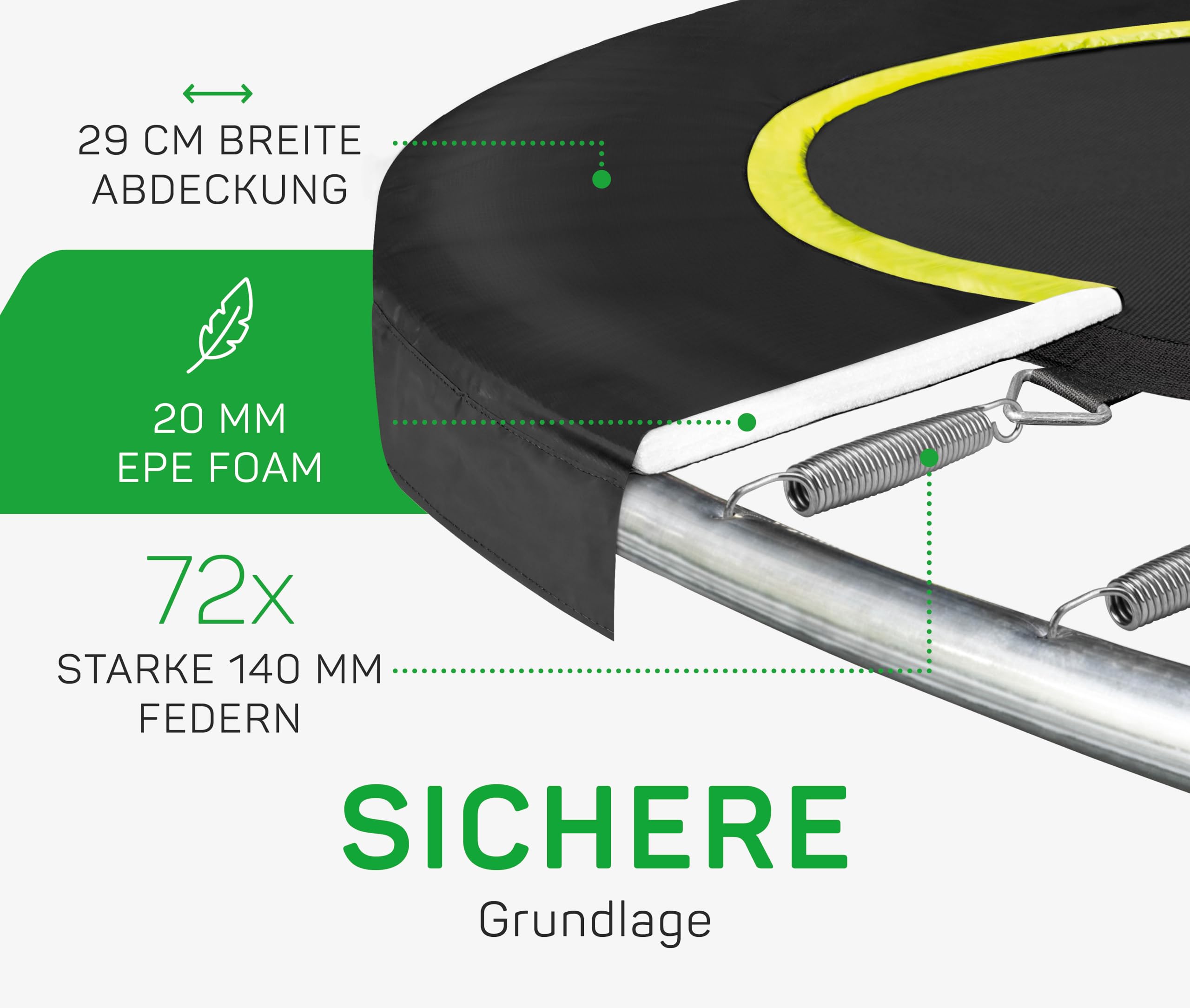Salta Comfort Edition – ⌀183/213/251/305/366/396/427cm - TÜV geprüft – Schwarz/Grün/Pink - rundes Outdoor Trampolin, Gartentrampolin - Set mit Sprungmatte, Sicherheitsnetz, Federn, Randabdeckung - 5