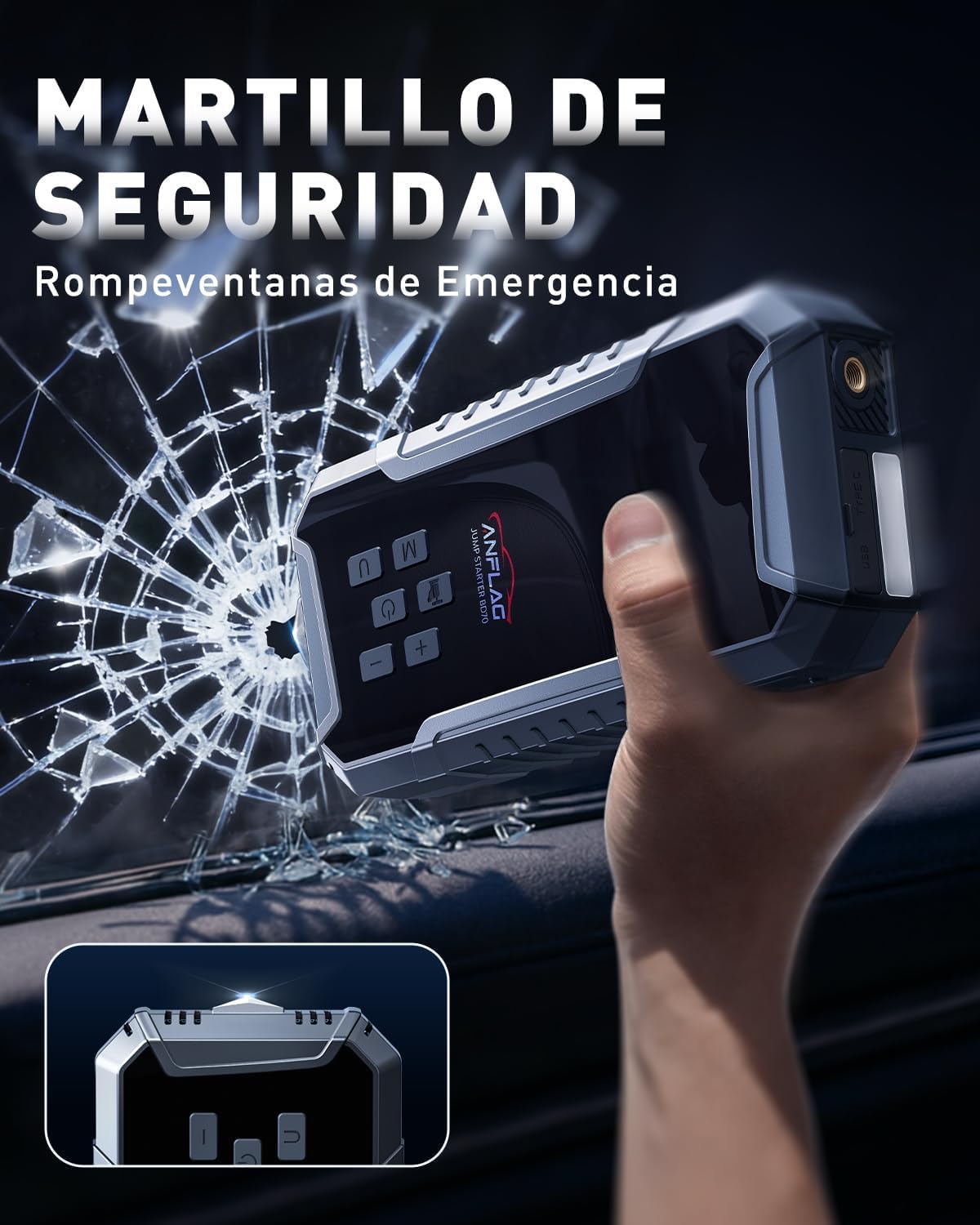 Arrancador de Baterias de Coche con Compresor de Air,ANFLAG 8000A 160PSI Arrancador(para All Gas/12L Diésel/Híbrido),26800mAh 12V Jump Starter con Clips de Seguridad Inteligentes/Martillo de seguridad