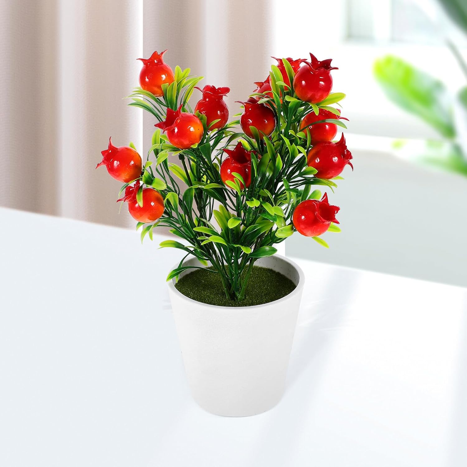 Fake Pomegranate Branches Tabletop Fruit Decor, Realistic Plastic Potted Bonsai with Green Leaves, Simulation Artificial Plant for Home Office Photography Prop