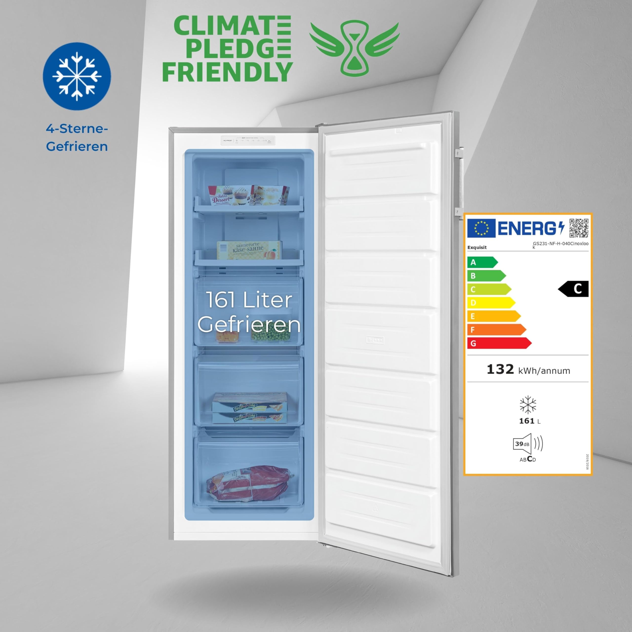 Exquisit GS231-NF-H-040C Gefrierschrank NoFrost 161 L Inox | Tiefkühlschrank mit Schnellgefrierfunktion, wechselbarem Türanschlag & Energieklasse C