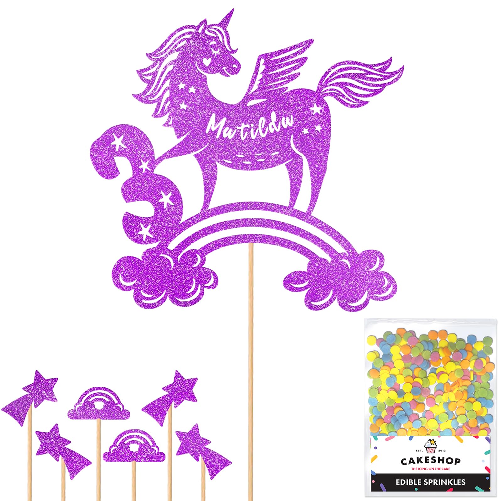 Personalised Unicorn Glitter Cake Topper- Purple Any Custom Age & Name Glitter Cake Decoration and Sprinkles - Happy Birthday Decorations - Personalised Toppers for Cakes by Cakeshop