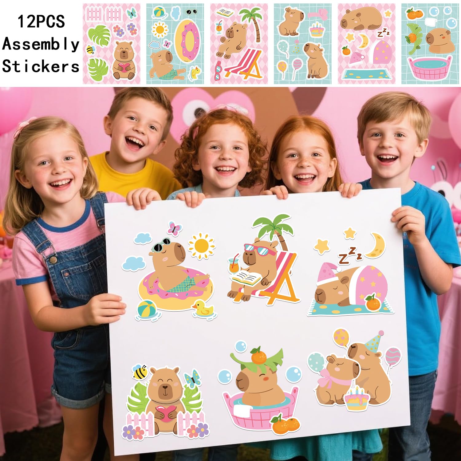 Articoli per feste a tema Capybara rosa, tra cui sacchetti regalo, adesivi, spille e braccialetti per una festa di compleanno a tema Capybara