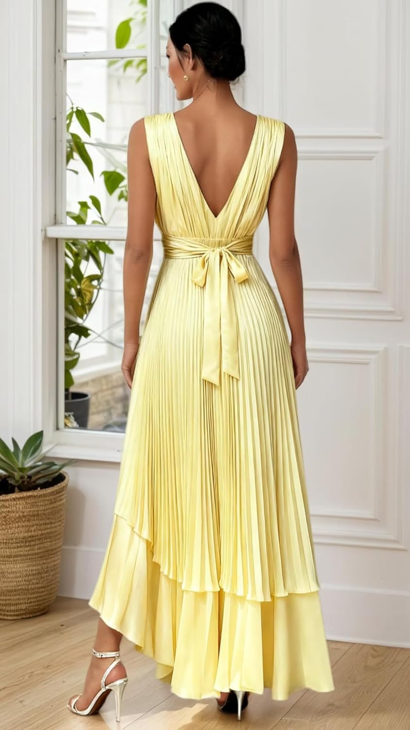 VOfuter Ruched Satin Bridesmaid Dresses for Wedding Women's Pleated Deep V-Neck Formal Dress