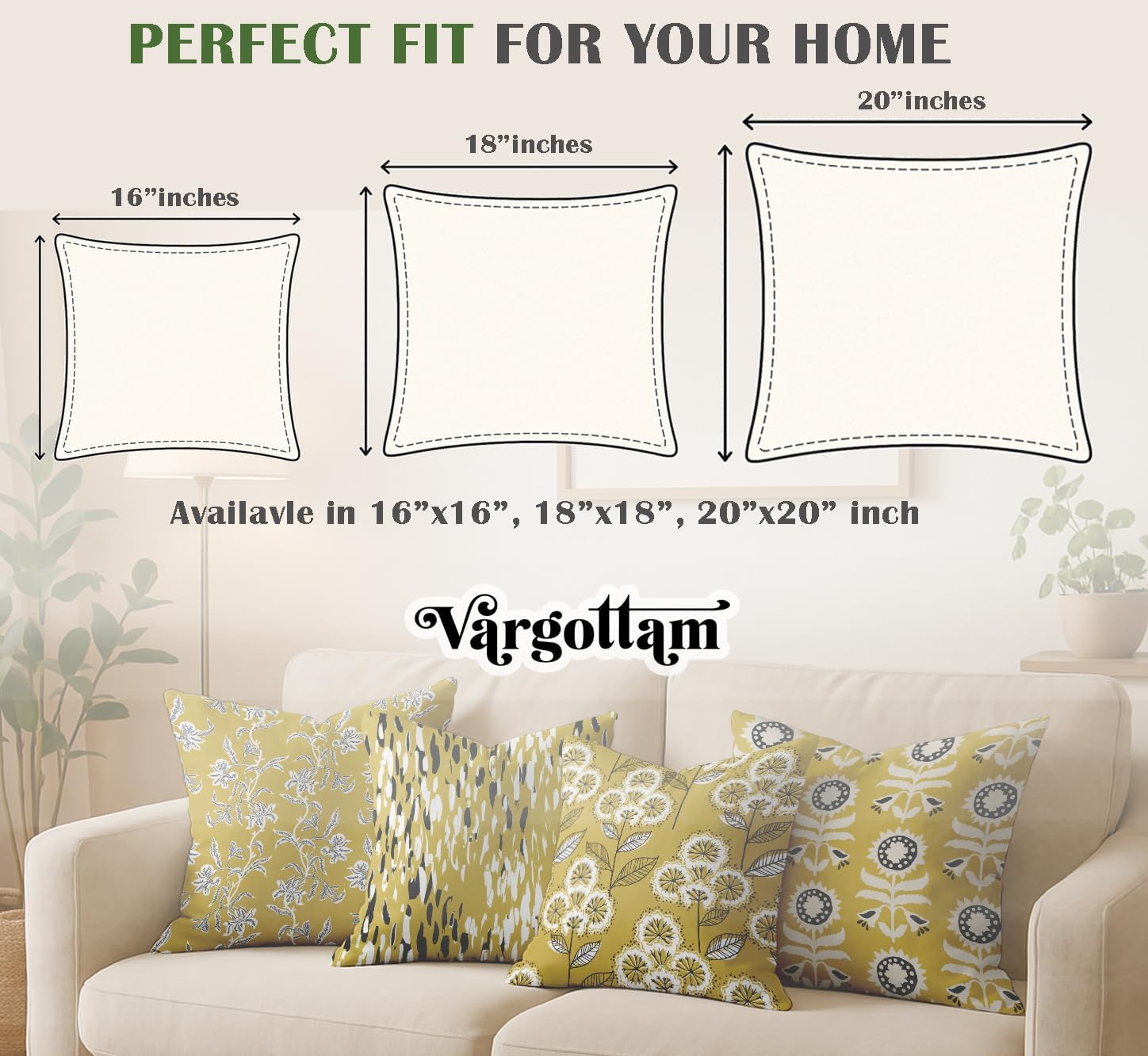 Cotton Cushion Covers Set of 4-16x16 Inch, Floral Print, Double-Sided Printed Throw Pillow Covers with Hidden Zipper - No Filler - Yellow