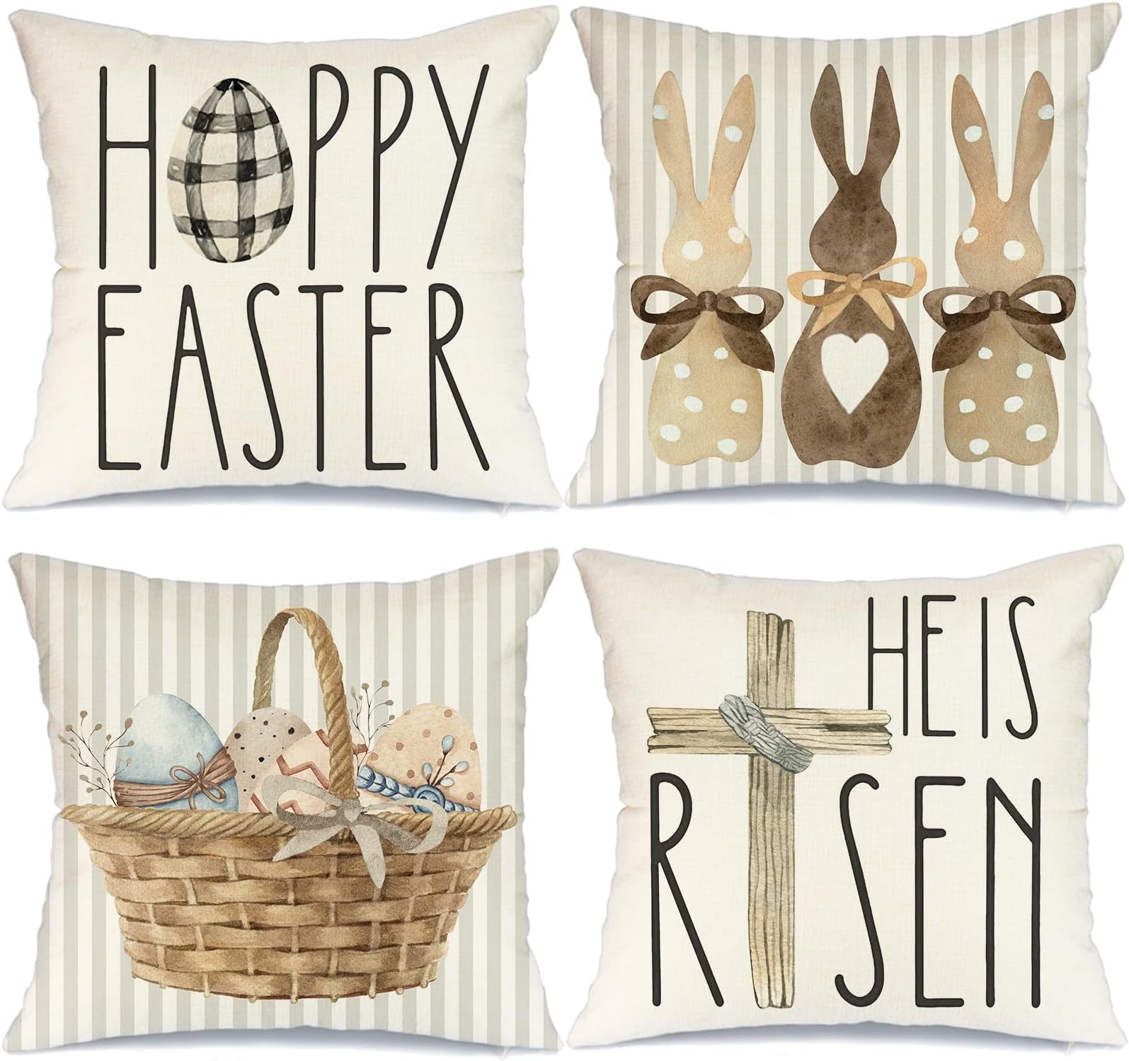 GEEORY Happy Easter Throw Pillow Covers 18x18 Set of 4 Easter Decorations for Home Bunny He is Risen Cross Eggs Decorative Spring Home Decor for Sofa Couch G209-18