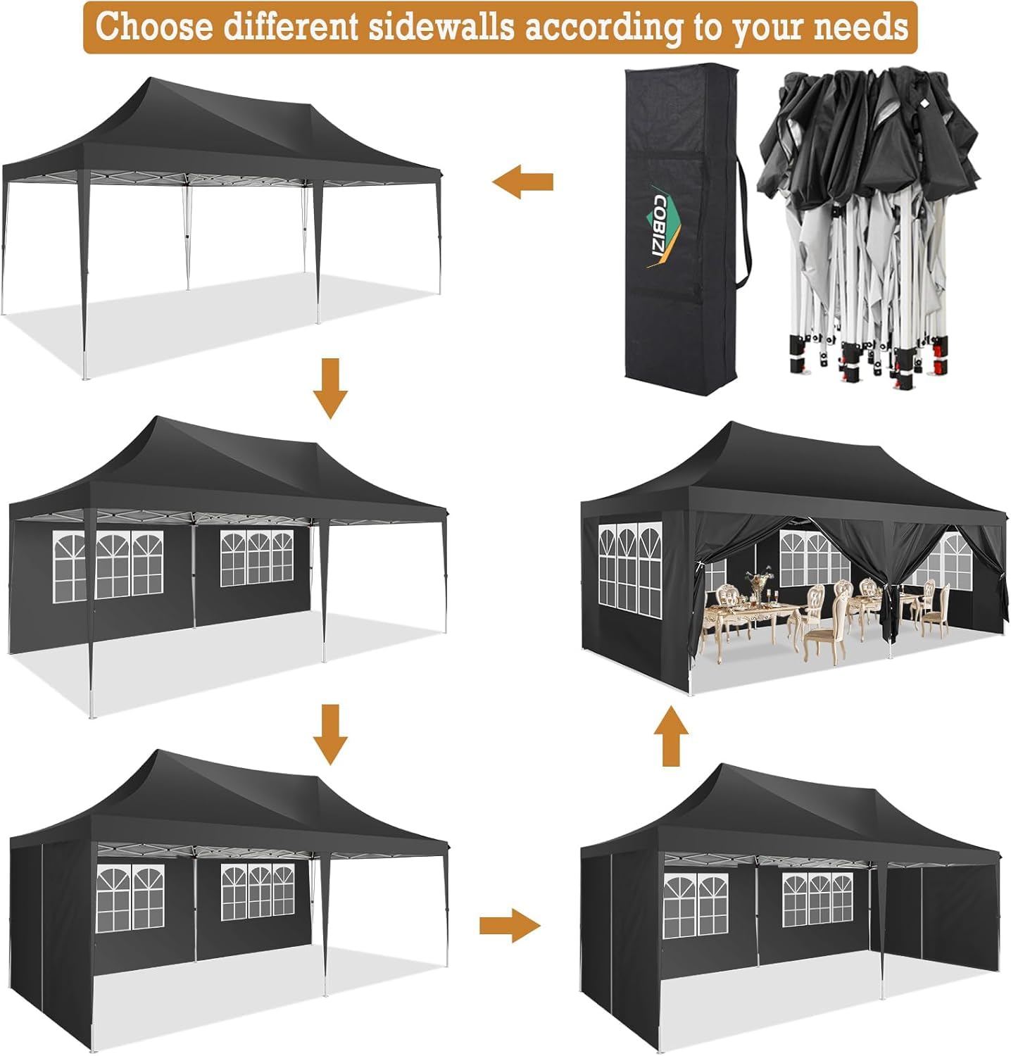 COBIZI Pavillon 3x6m Wasserdicht Stabil mit 6 Seitenteilen,Schwarz | Faltpavillon 3x6 Partyzelt Pop Up Camping Gartenzelt Gartenpavillon für Garten, Party, Festival, Hochzeit, UV-Schutz