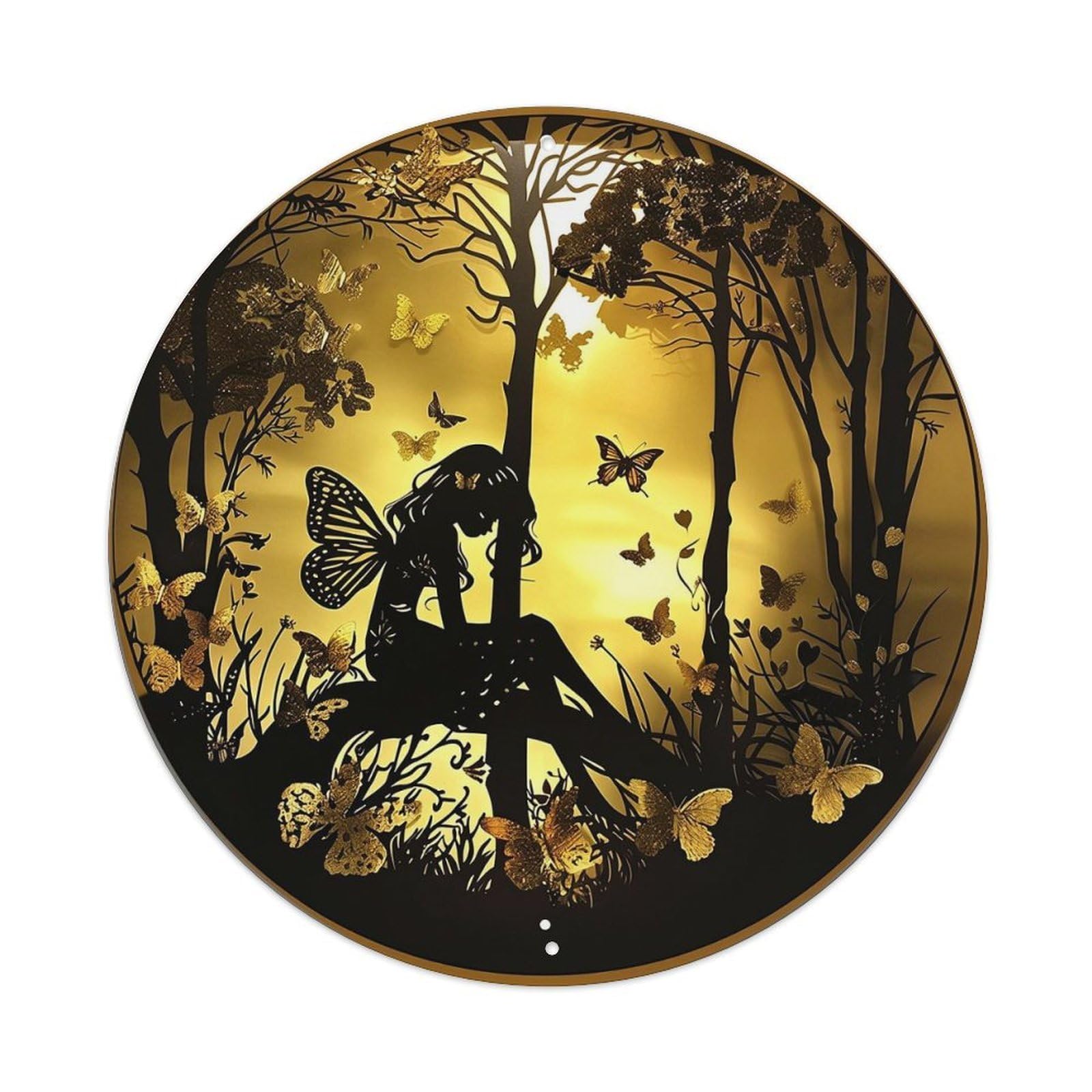 Silhouette Fairy Forest Butterflies Moonlight Vintage Round Tin Sign Retro Metal Wall Decor Metal Poster, Home Bar Garage Cafe Wall Art Decoration 8x8Inches