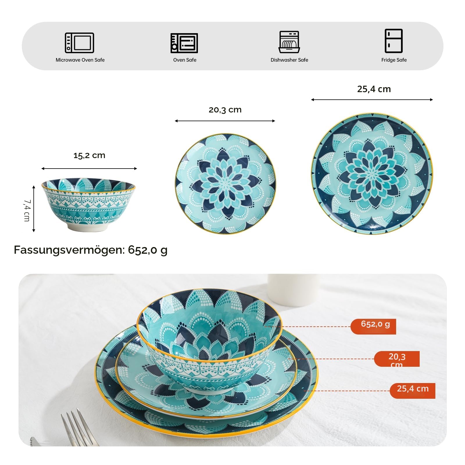 Geschirrset 4 Personen Tafelservice Kombiservice - 12 teiliges Porzellan Geschirr Set - Keramik Essgeschirr Set Bunte Design - Service Geschirrsets - Komplett Geschirrservice Set - Tafelgeschirr Set