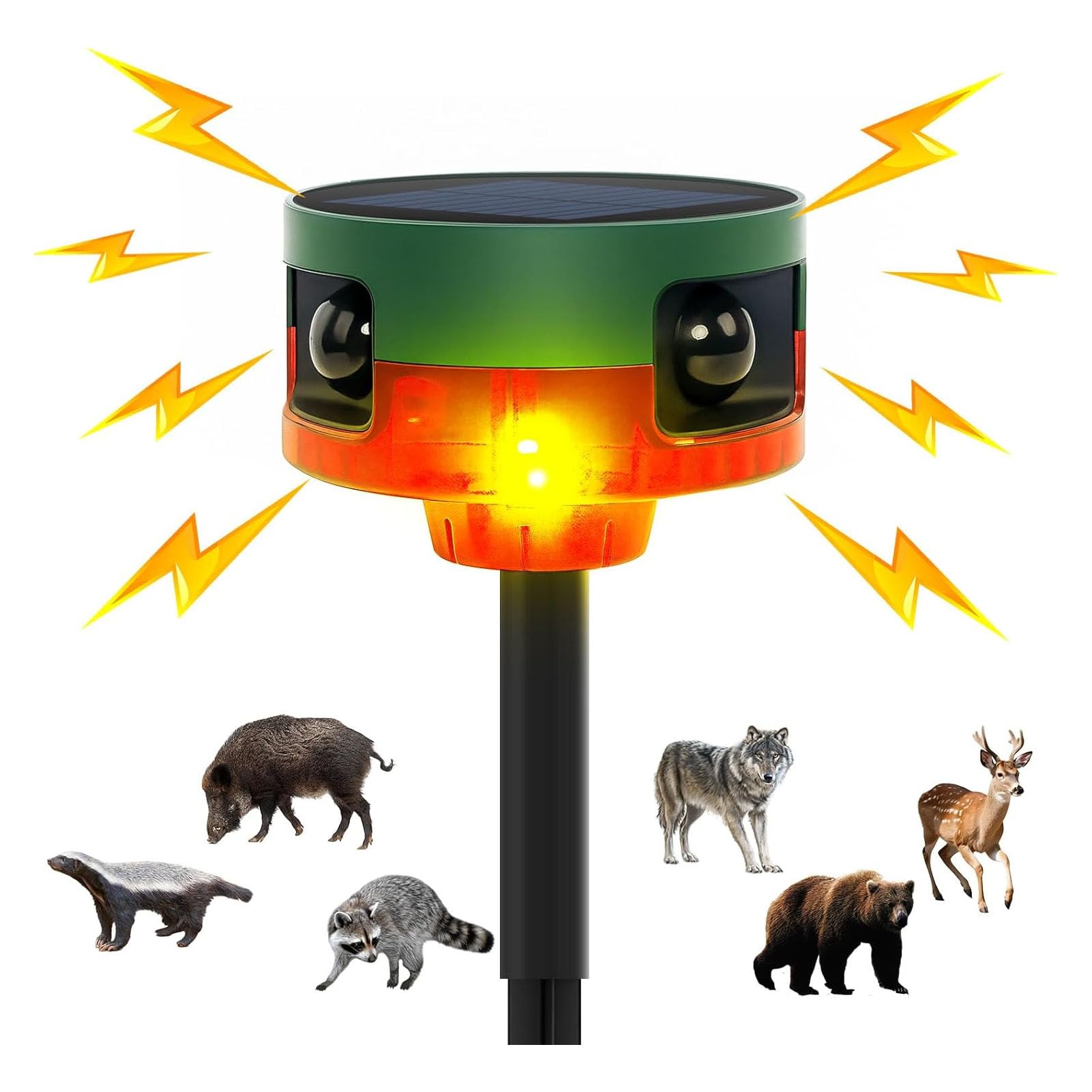 Jiawu Allarme Sensore di Movimento Solare Esterno, 13 Suoni | Generatore di Rumore Forte da 130 DB, Luce Stroboscopica, Telecomando, Ricarica USB, 2 modalità per Fattoria, Giardino