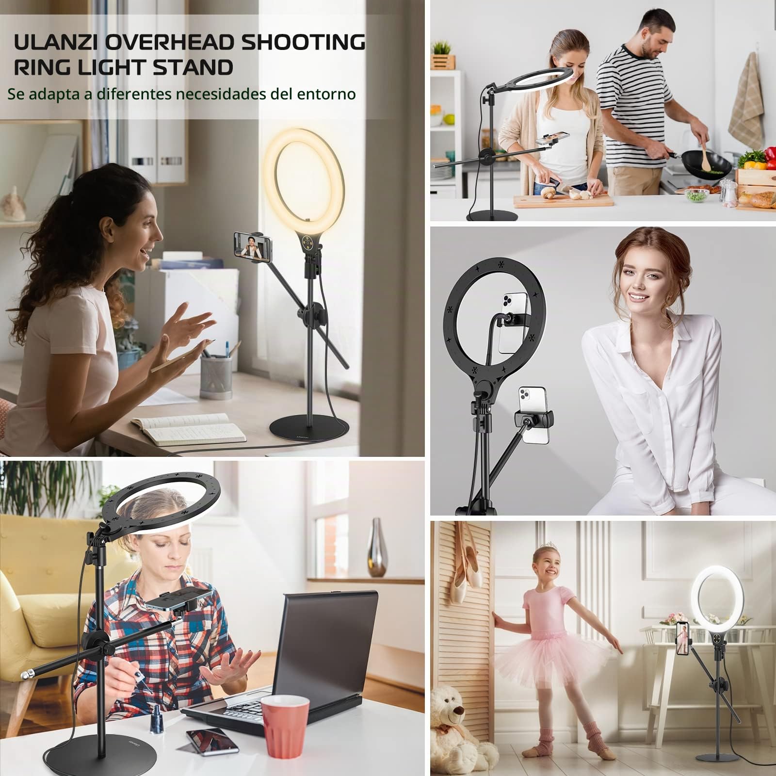 10 '' Luz de Anillo con Soporte de Brazo, ULANZI Ring Light de Soporte Escritorio, 3500k-6500K Regulable, Luz Anular con Soporte para Teléfono para TikTok, Maquillaje, Fotografía, Selfie