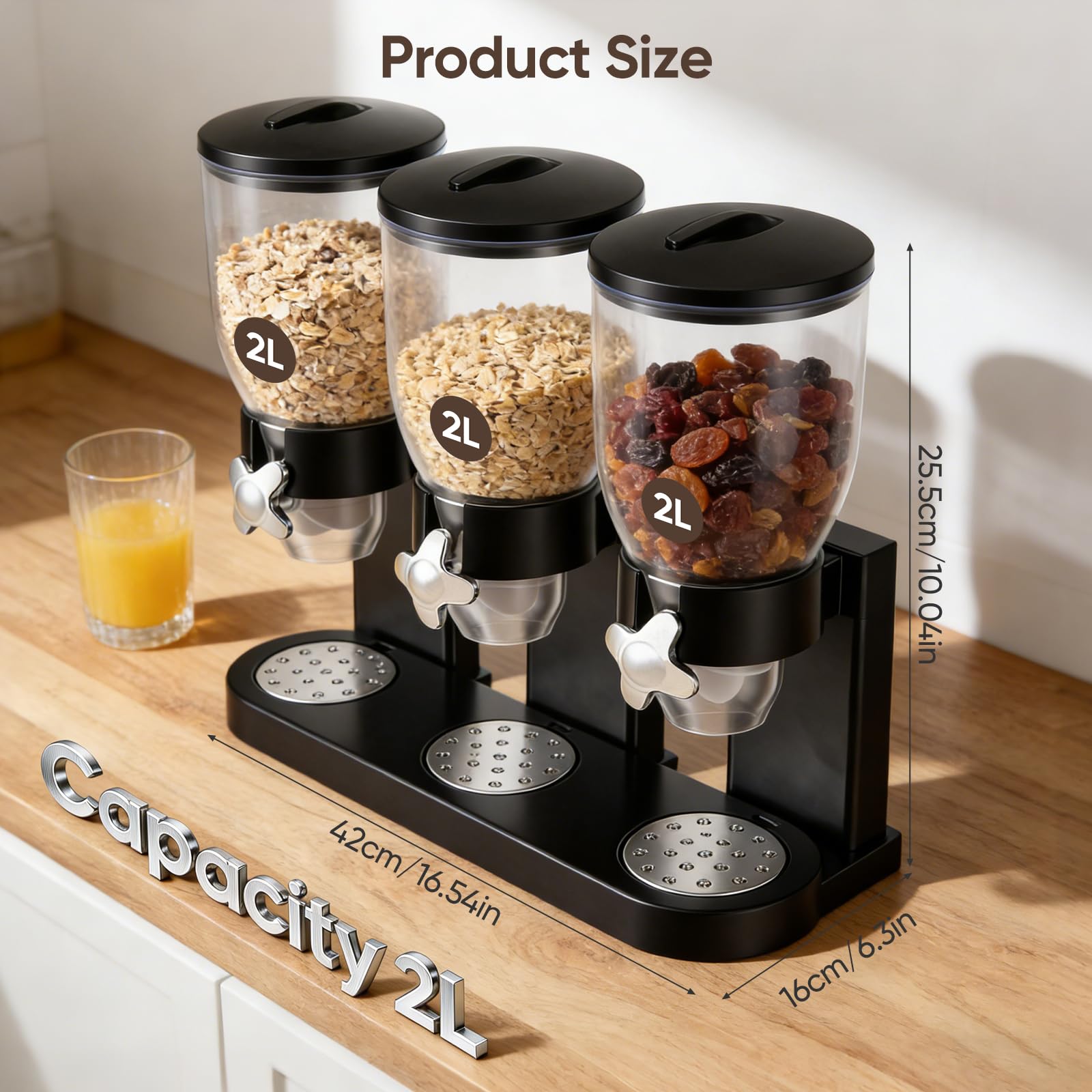 Distributore Di Cereali, Set Da 3 Pezzi Capacità 2 L Capacità Totale 6 L Triplo Distributore Di Cereali Per Cornflakes Caramelle Frutta Secca Riso Cereali Dolci E Chicchi Di Caffè