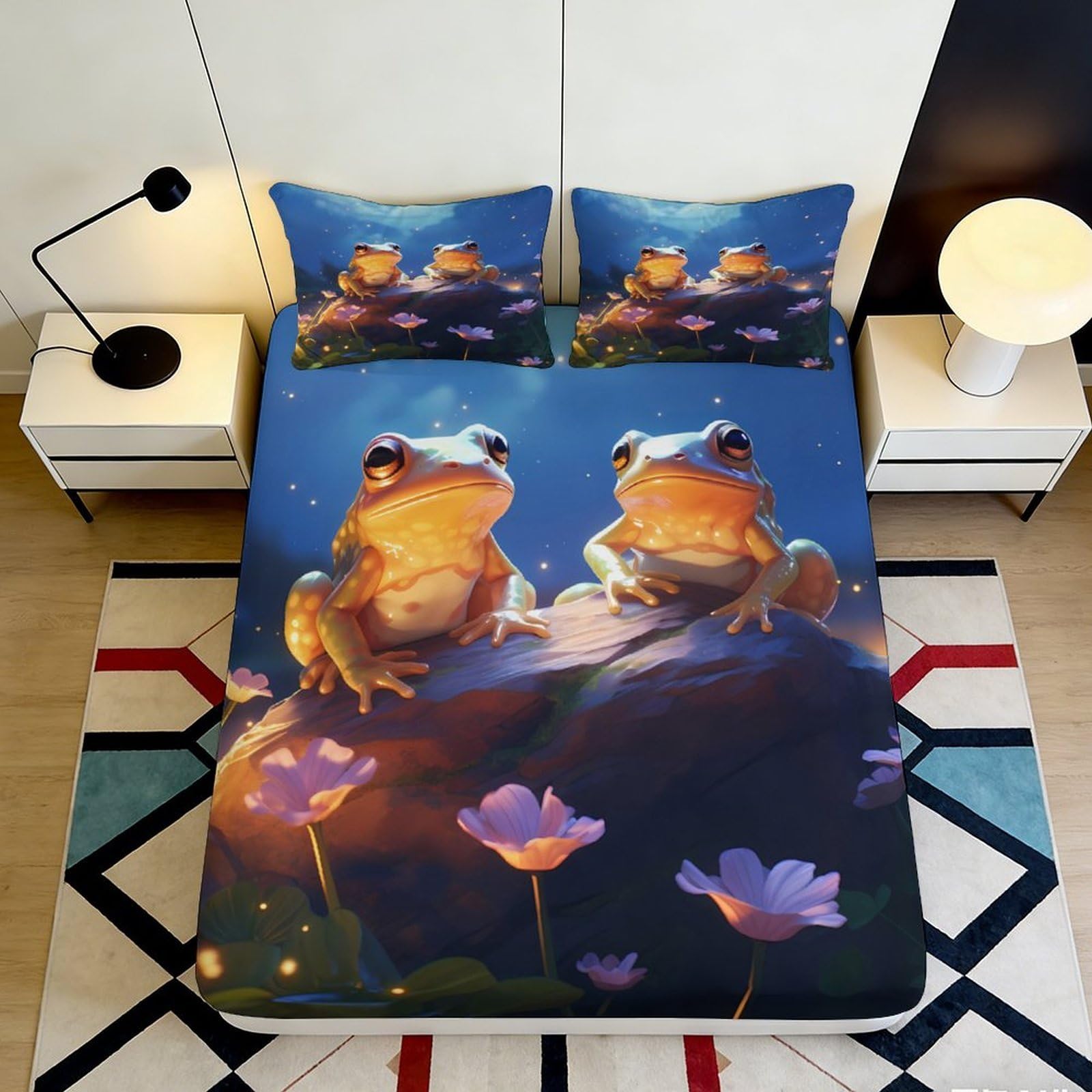 3D Printed Frog Night Fitted Sheet Microfiber Soft Mattress Cover for Bedroom Dorm Artistic Floral Decor 90x200x25cm