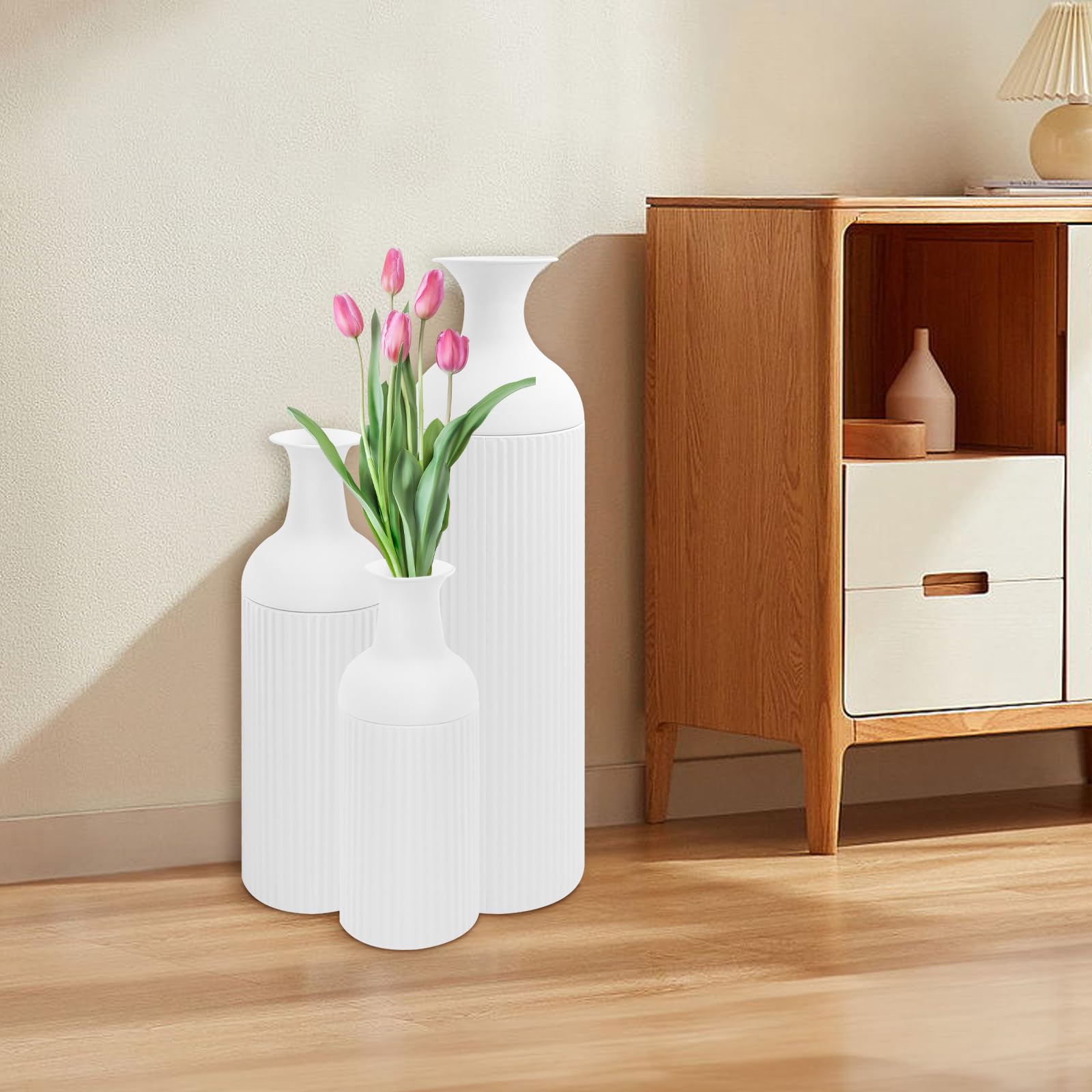 3er Set Bodenvase Groß Vasen, Metal Boden Tischplatte Blumenvasen, Moderne Deko für Wohnzimmer, Tisch, Regal, Kaminsims, Eingangs zum Pampasgras & Trockenblumen (Groß+Medium+Klein, Weiß)