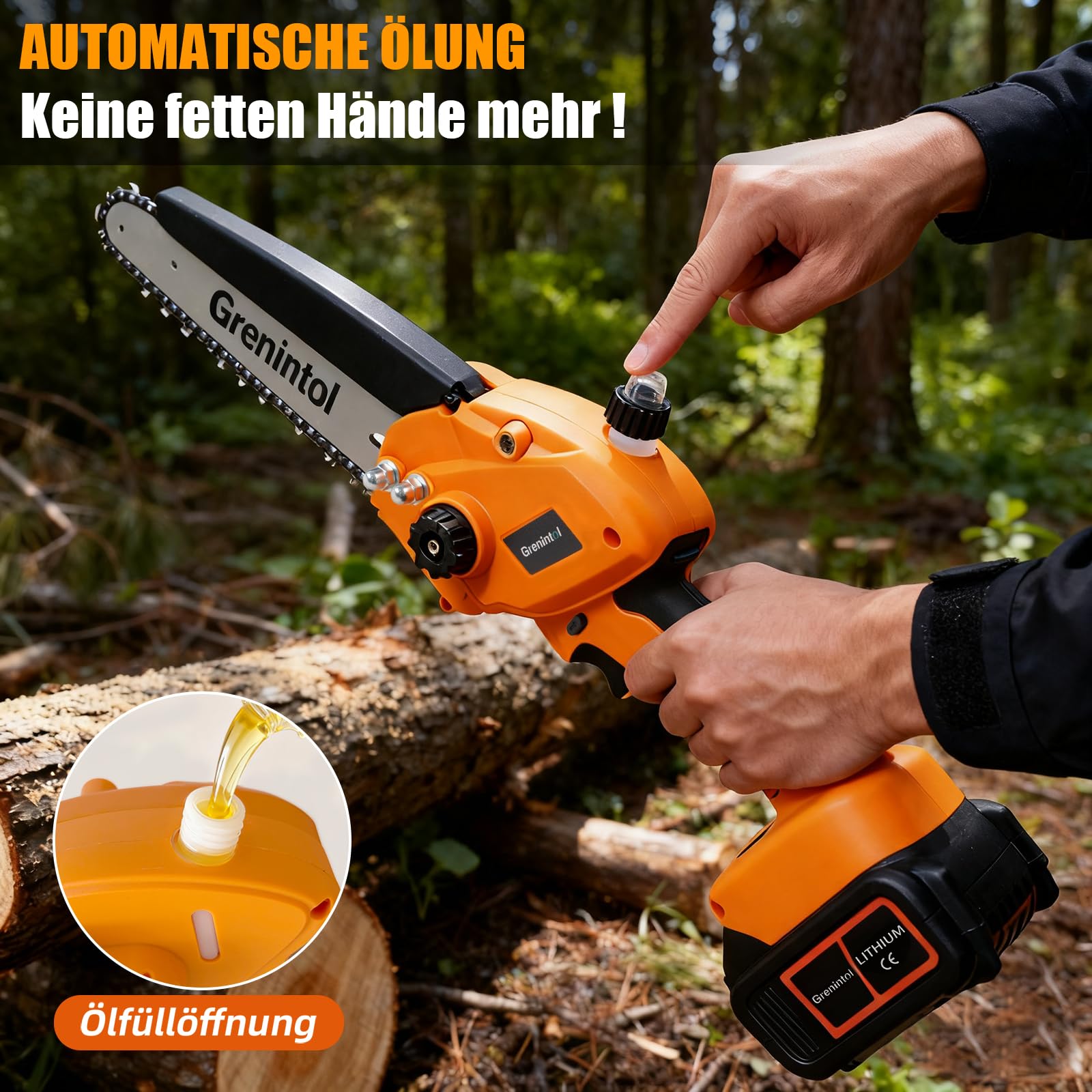 Mini Motosega 8 Pollici, Motosega a Batteria con 2×3000mAh, Motosega Elettrica 1000W Brushless, Sega a Catena a Una Mano, Lubrificazione Automatica, per Potatura, Giardino e Legno