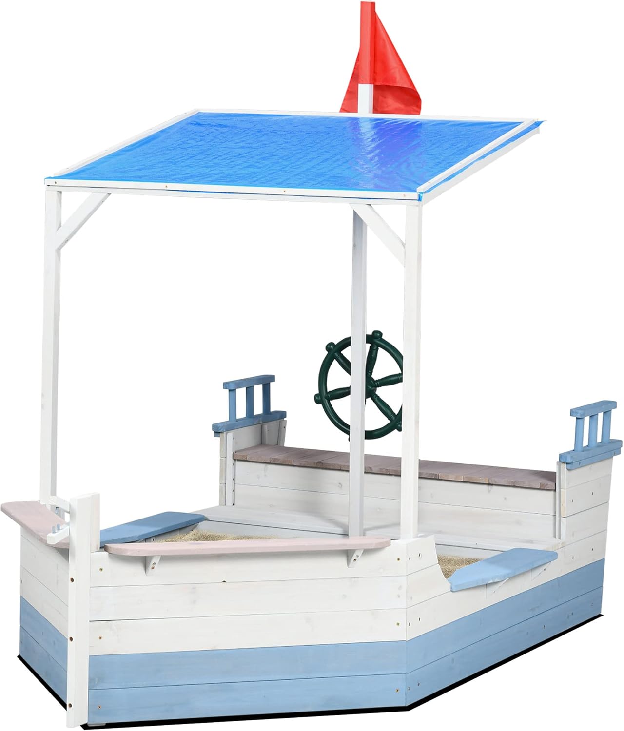 Outsunny Kids Sandbox with Canopy, Pirate Ship Wooden Sand