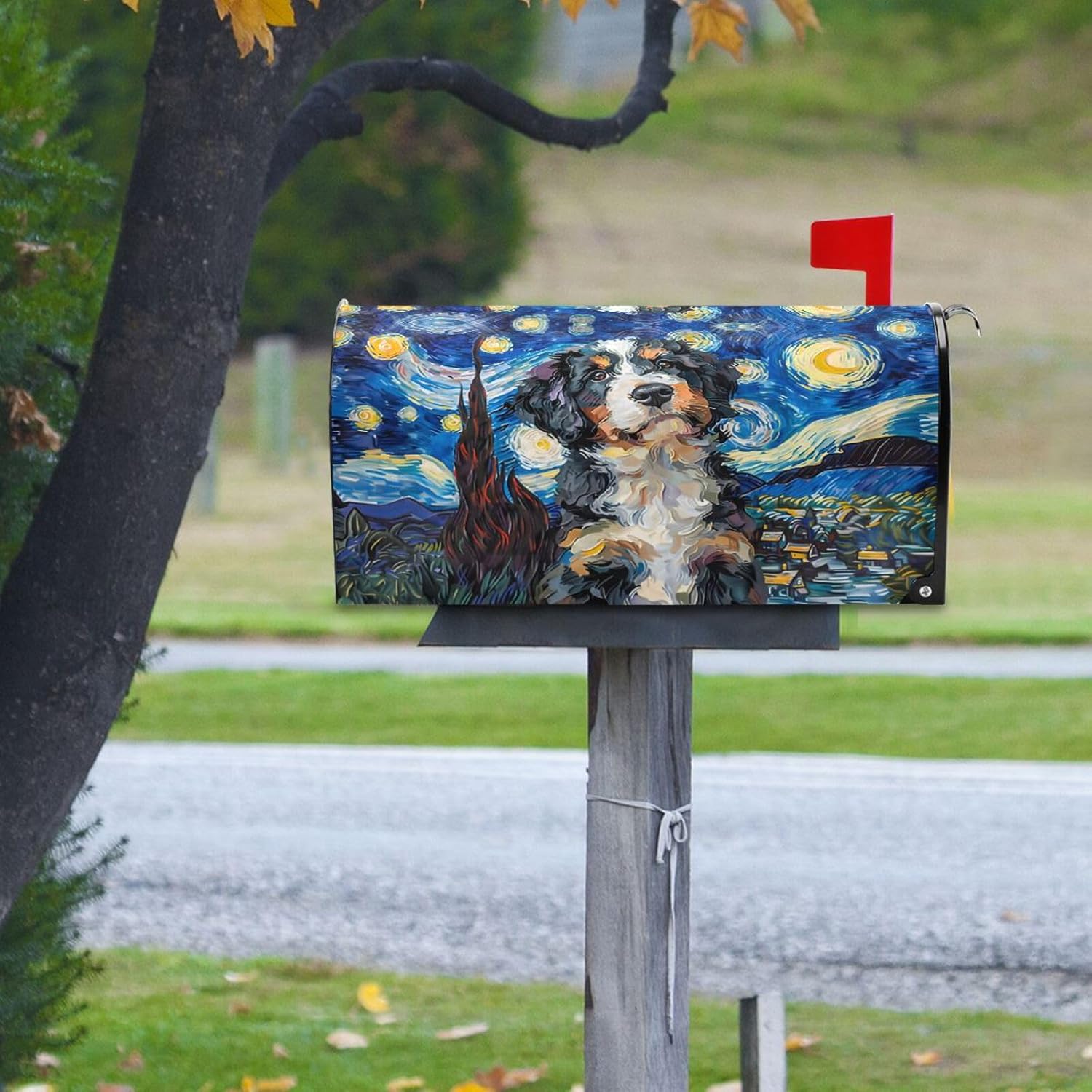 Mailbox Covers Magnetic Bernedoodle Dog Starry Sky Blue USA Letter Box Wrap Standard Size 21x18 Inch Post Decor Outdoor Garden Yard Decoration