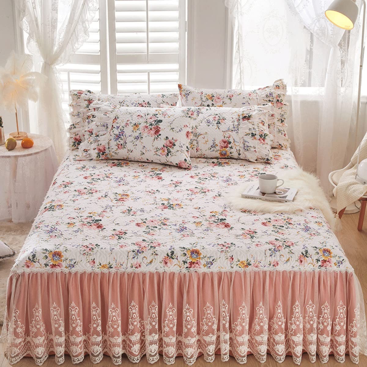 Highdi Gonna Da Letto Gonna Per Letto Singolo/Matrimoniale/Una Piazza E Mezza Copriletto Con Volant Elasticizzata Doppio Strato Antiscivolo Gonna Letto Coprimaterasso (Mare Di Fiori,200x220cm