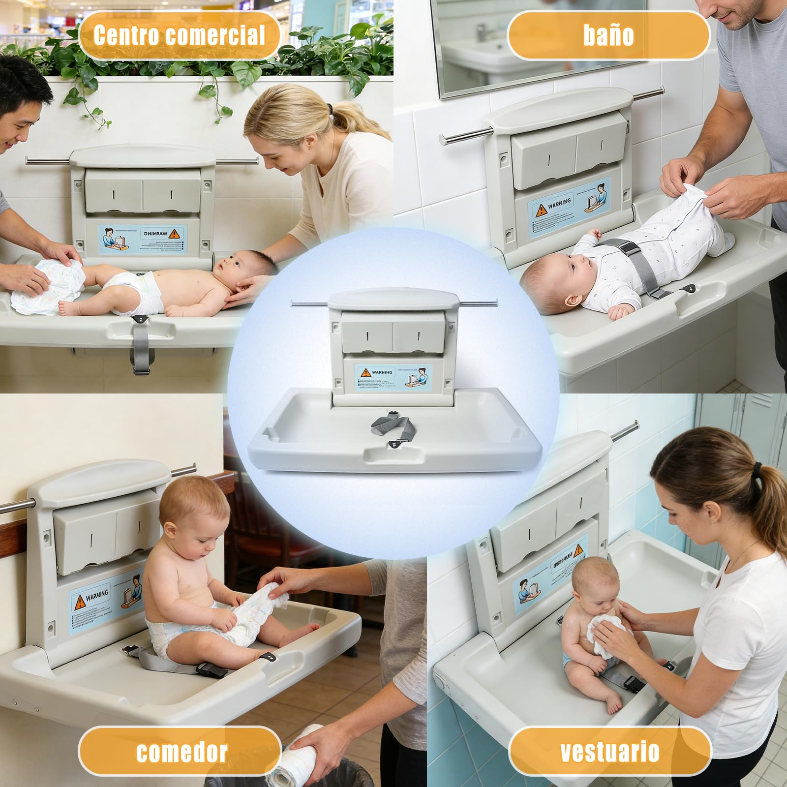 Cambiador bebe plegable de pared, cambiador de bebe para baños públicos con cinturón de seguridad ajustable, ganchos laterales y cajas de almacenamiento plegables