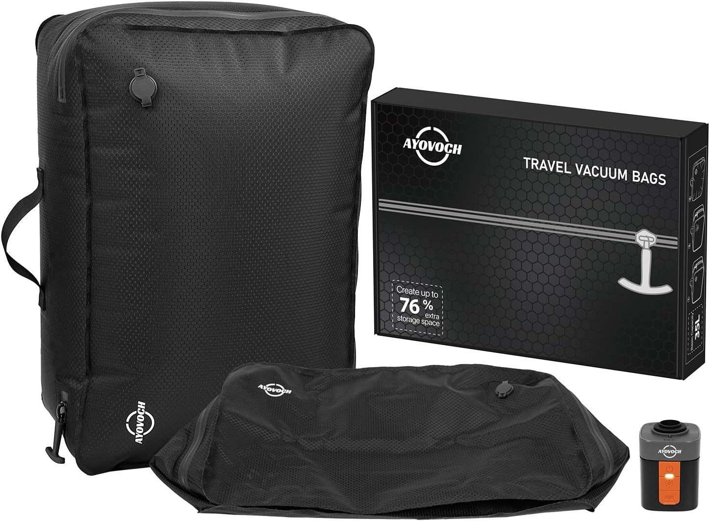 Vacuum Storage Bags with Wireless Pump 35L, 180° Open Zipper, IP68 Waterproof, Reusable Vacuum Bags for Travel, Fits 20/24/28in Suitcase, Backpack, Cloth Packing (2PC + Pump)