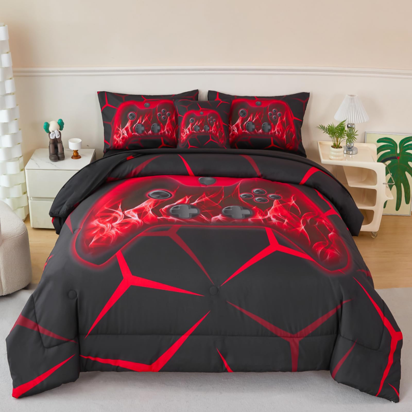 ZRNBAST 6 Pcs Twin Comforter Set for Boys Gamer Bedding Sets for Teens Kids Microfiber Game Console Comforter Set Red Flame Geometric Gaming Bed in a Bag with Sheets (Red,Twin)