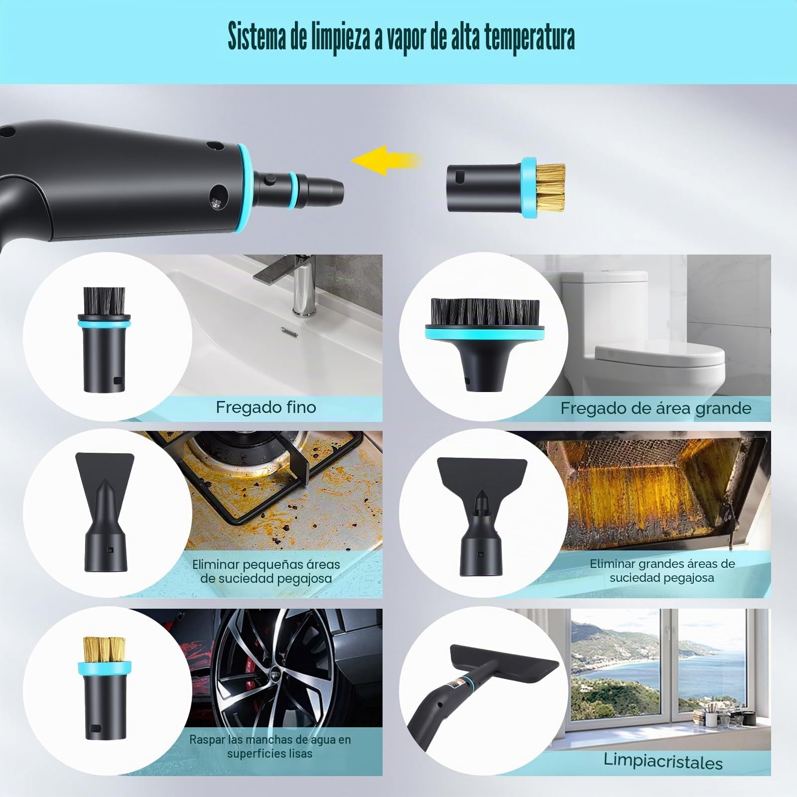Limpiador a Vapor Portátil 2500W, 4.5BAR Alta Presión, Calentamiento 15s, Depósito 1250ml, 9 Accesorios, 2m Manguera - Para Cocina, Coche, Suelo, Ventanas, Barbacoa con 3 Niveles de Vapor