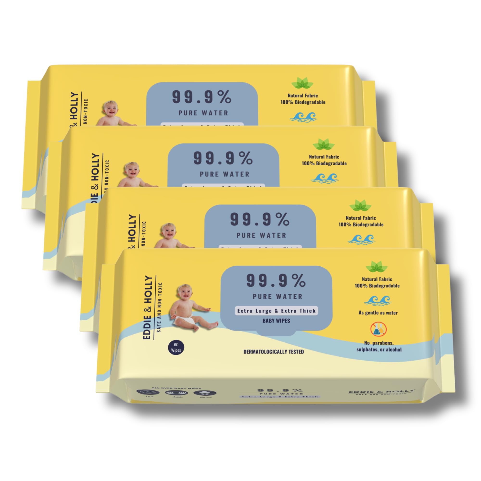 Eddie & Holly 99.9% Water Baby Wet Wipes | 2X Larger & 3X Thicker | 100% Plant based Fabric | Unscented | Zero Rash Wipes | Wipes for New Born Baby & Mother | Suitable for Sensitive Skin (4 X 60)-image-39