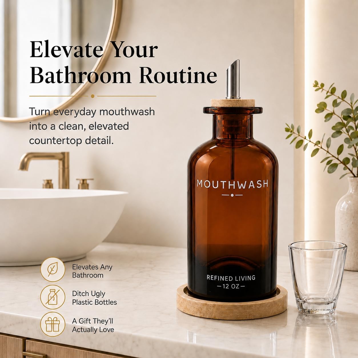 Mouthwash Dispenser for Bathroom, 12 OZ Refillable Glass Mouthwash Container with Cup & Bamboo Tray, Mouthwash Bottle for Countertop - Modern Bathroom Decor for Home Vanity image 2