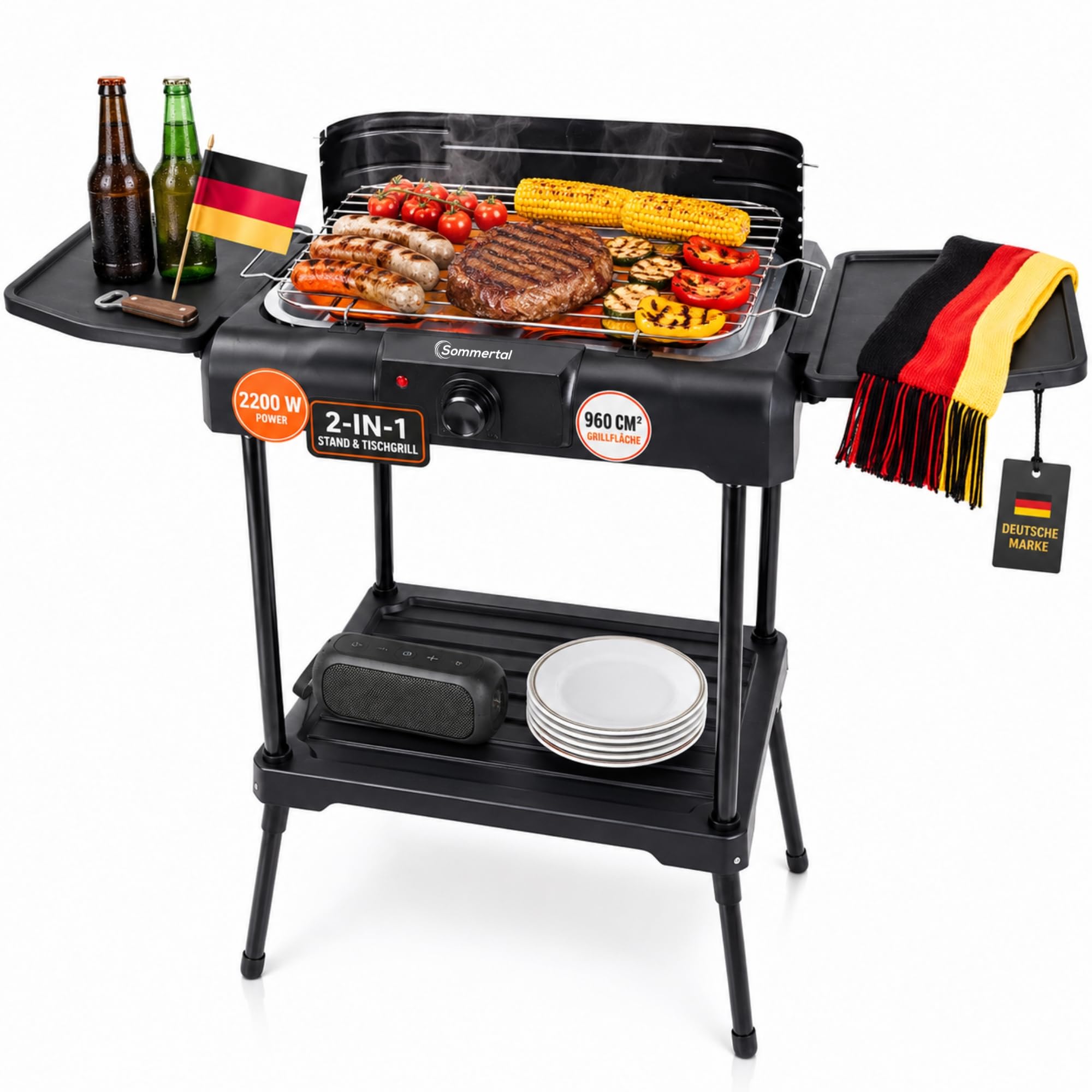 Sommertal BBQ231, barbecue elettrico | Barbecue da balcone | 2200 W | Barbecue da campeggio | 2in1 | Regolatore di temperatura senza scalini | Superficie di appoggio | Riscaldamento rapido |