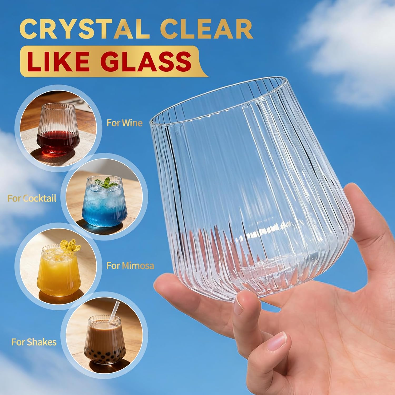40 Pack Plastic Ribbed Wine Glasses 12oz Origami Unbreakable Clear Plastic Cocktail Glasses Elegant Durable Stemless Reusable Champagne Whiskey Wine Glasses Ideal for Wedding, Bars, Christmas