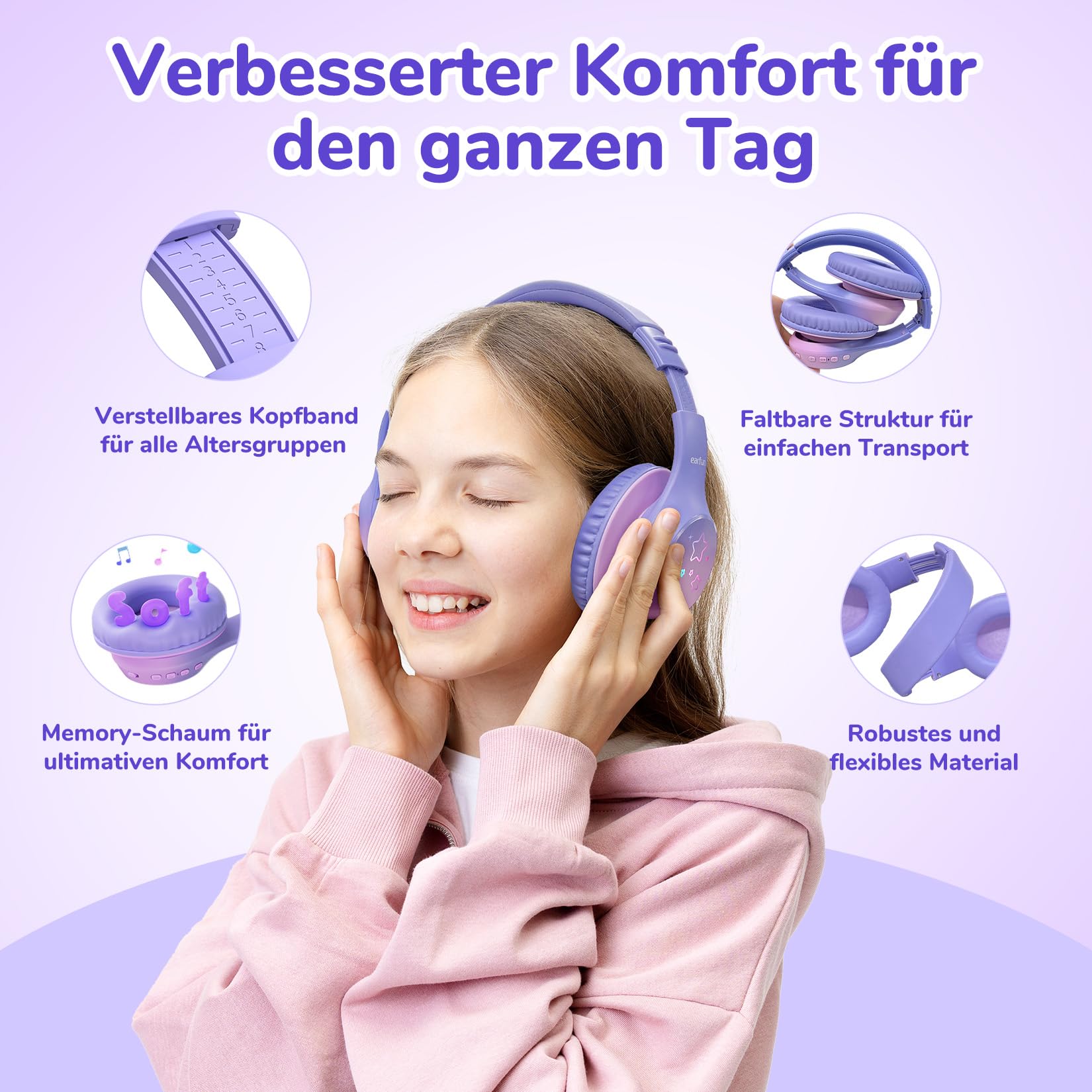 EarFun Bluetooth Kopfhörer Kinder, 5 LED-Beleuchtungsmodi, 74/85/94 dBA Lautstärkebegrenzung, 90 Std Akku, Hi-Fi Klang, HD-Mikrofon, Bluetooth 5.4, Faltbare, Kopfhörer Kabellos Kinder für Schule/Reise