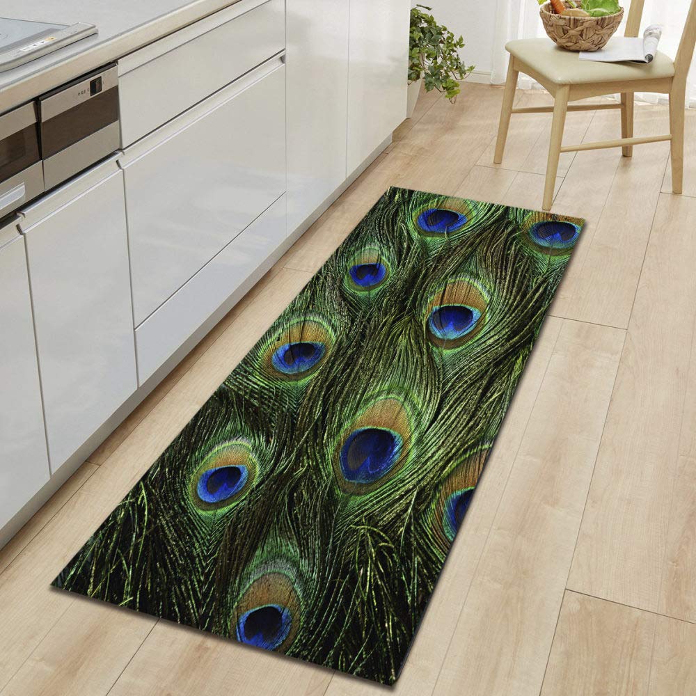 Tapis de passage vert avec plumes de paon modernes pour cuisine et couloir