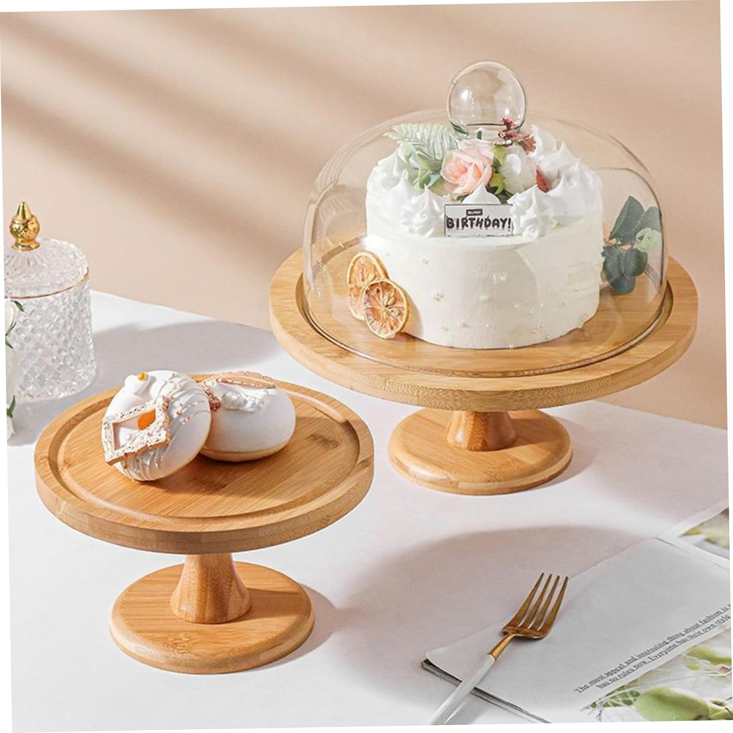 Wooden Cake Stand, Cake Stand 9 Inch Wooden with Clear Glass Lid Detachable Dome Multi-functional Holder for Party Dessert Cheese Fruit Display