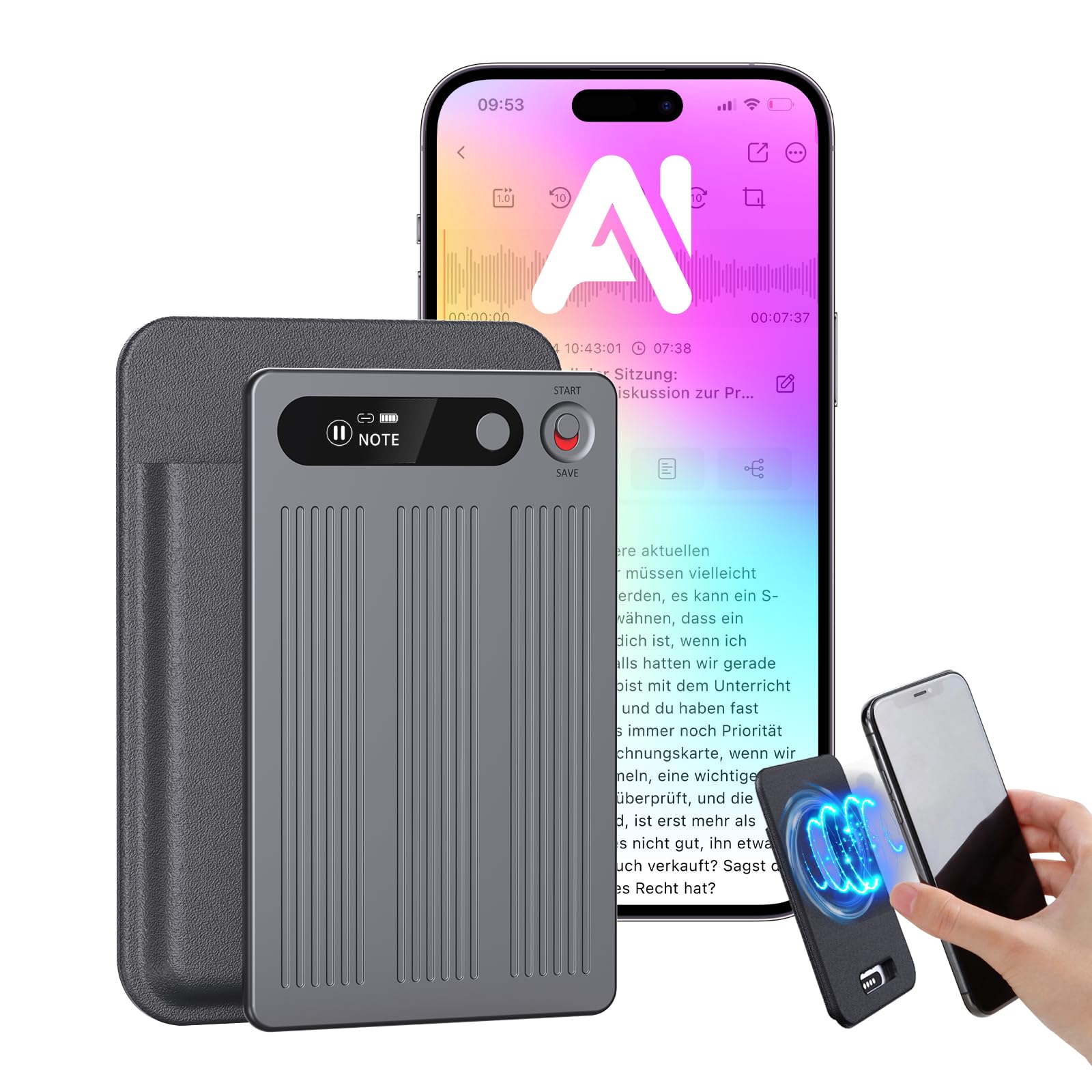 KI Digitales Diktiergerät 64GB, mit Transkribieren und Zusammenfassen | One-Touch-Aufnahme, 80+ Sprachen Übersetzung, Voice Recorder Für Meetings/Interviews/Klassen/Telefonate (mit schwarzer Hülle)