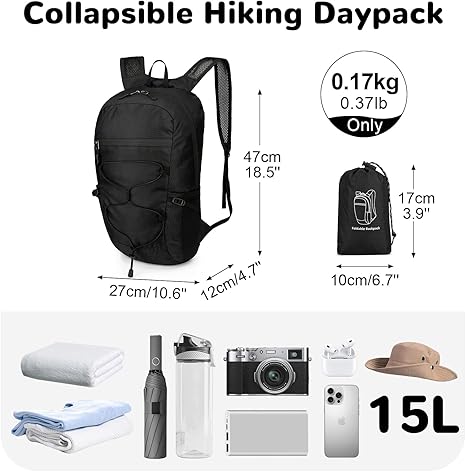 Outplea Opvouwbare rugzak, 15 liter, kleine rugzak, sport, dames, wandelrugzak, heren, waterdicht, dagrugzak, ultralicht, voor outdoor, vrije tijd, camping, zwart, 15L