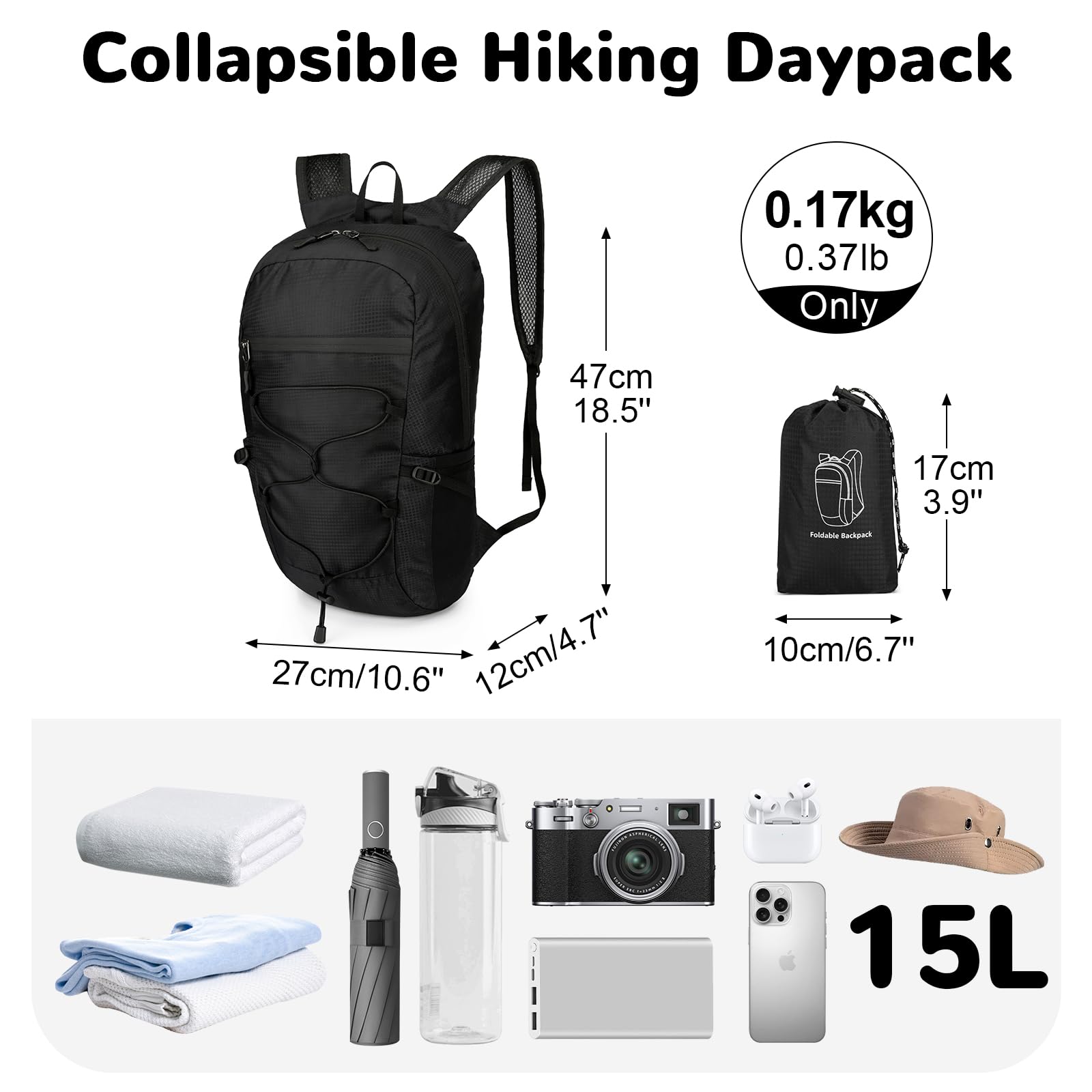 Mochila Plegable 15L Outplra, Mochila Senderismo Respirable Ultraligera para Mujer Hombre, Negro