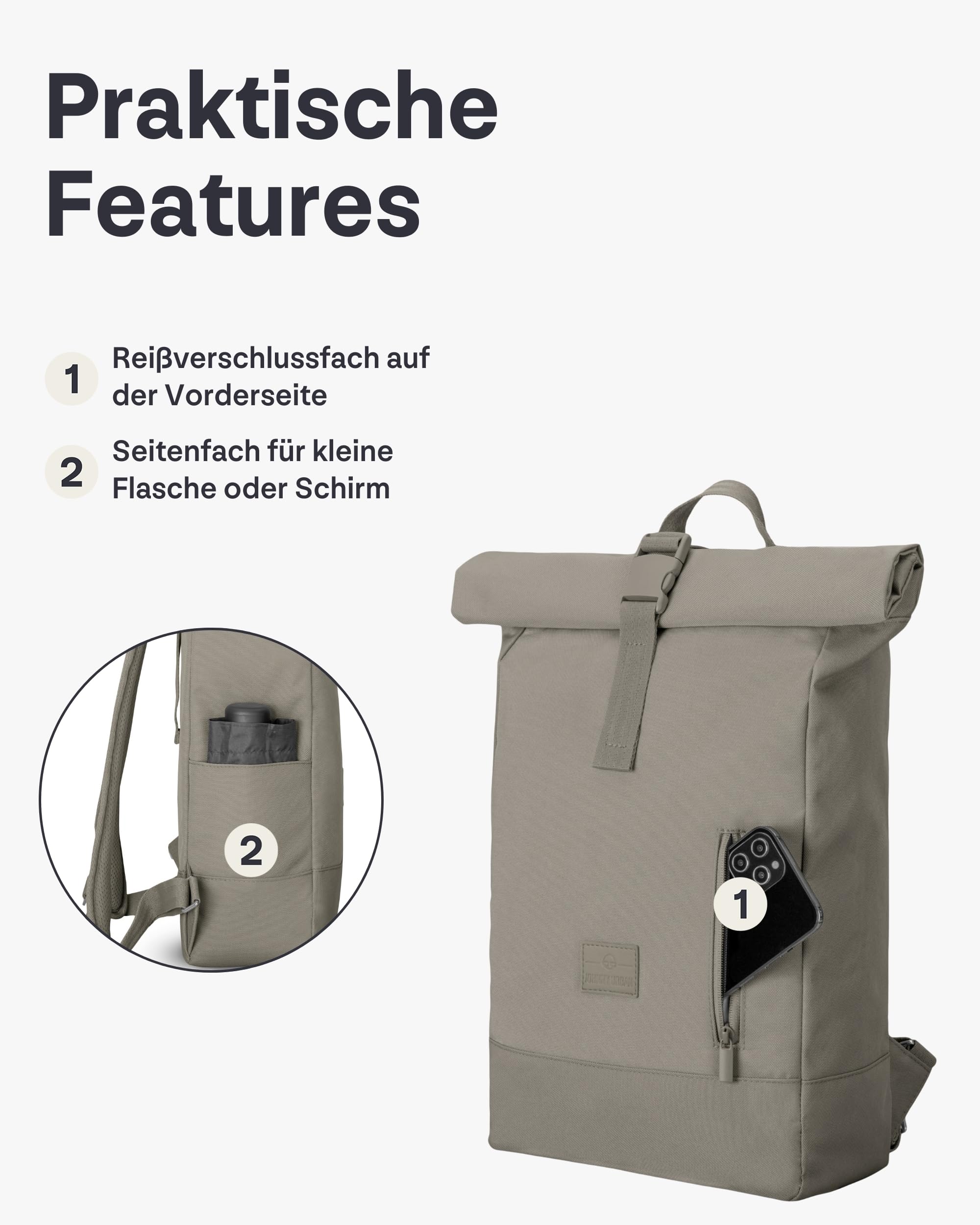 Johnny Urban Rucksack Damen & Herren Grau - Robin Medium - Rolltop Mit Laptopfach für Uni Business Fahrrad - 15L - Nachhaltig - Wasserabweisend