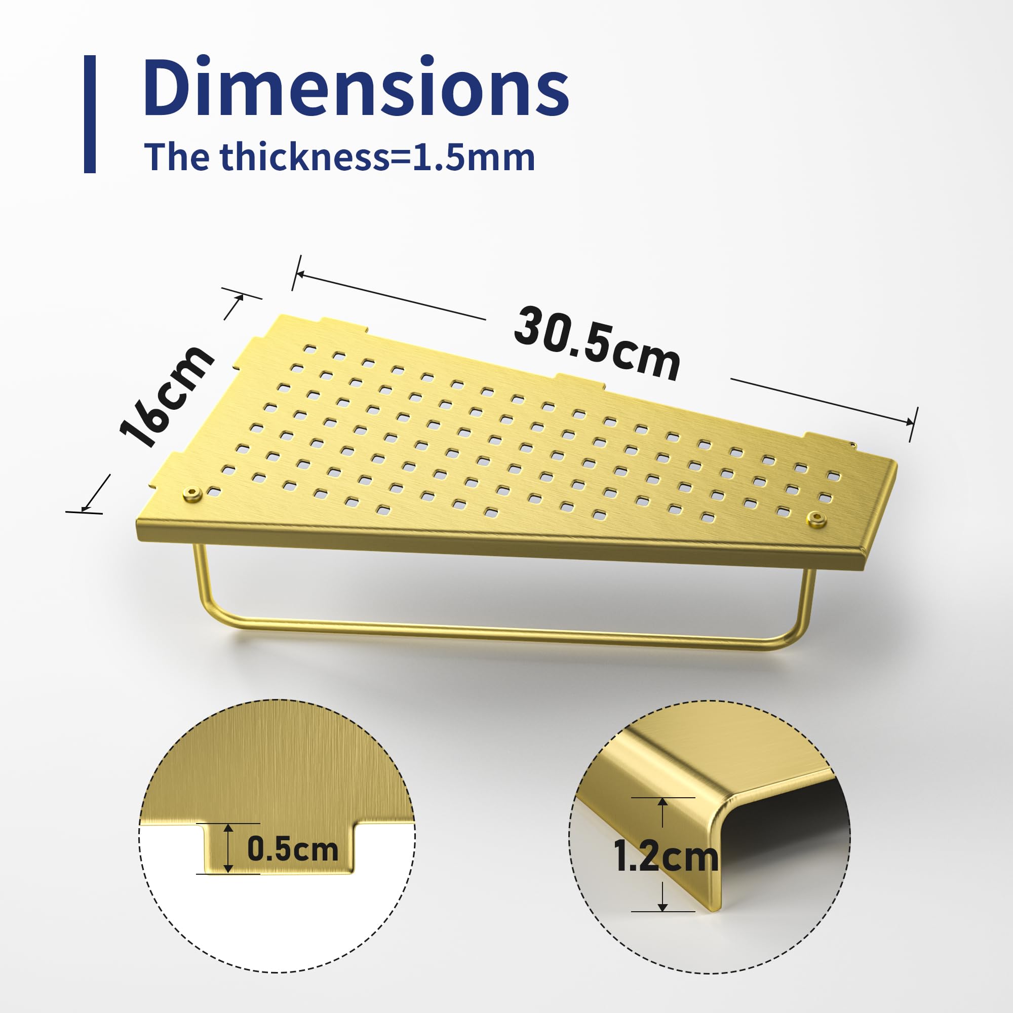 Estante de pared de acero inoxidable 304, estante de ducha sin taladrar con barra de toalla, moderno diseño flotante para baño, ducha y cocina, organizador de champú antióxido, 305 x 155 mm