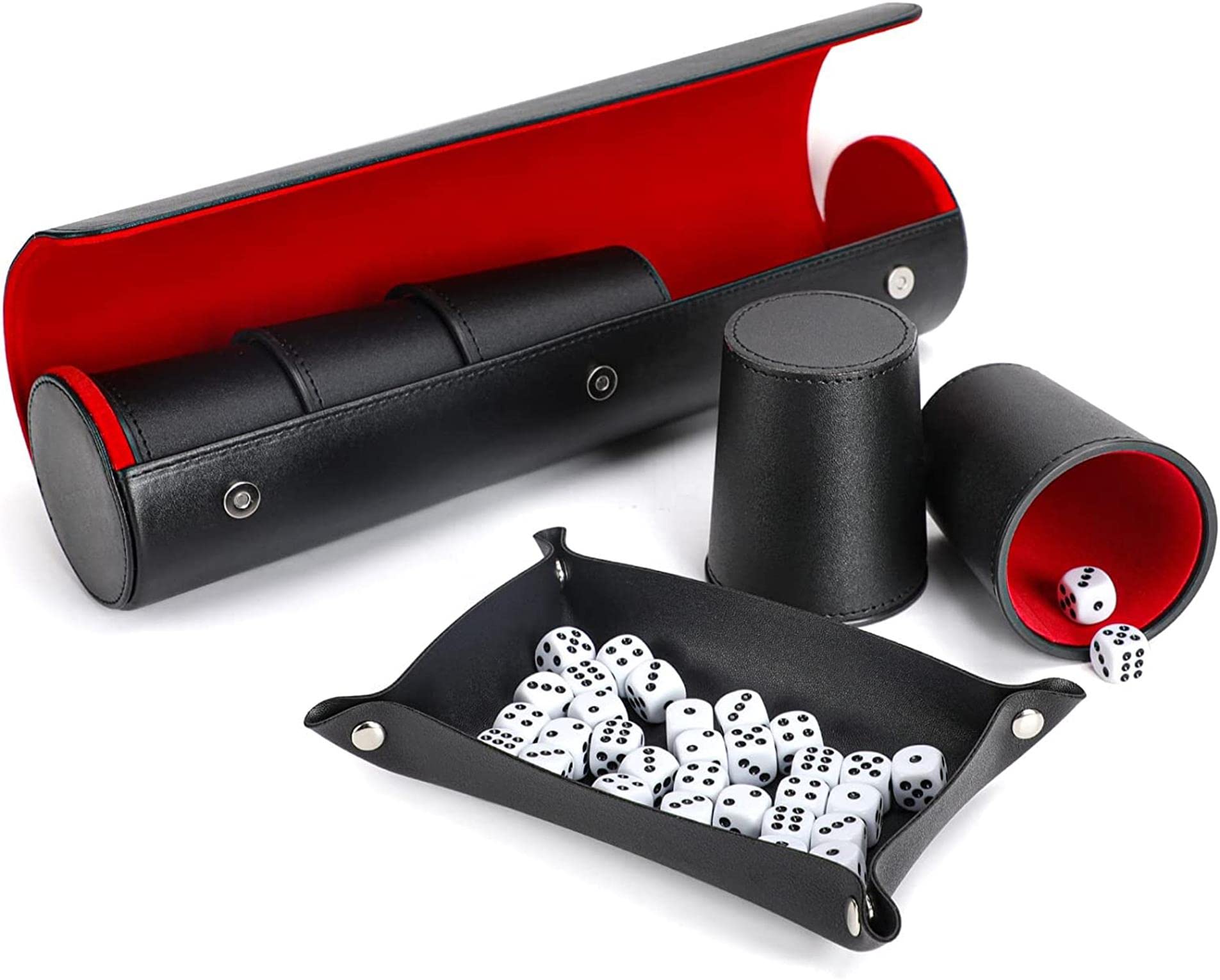 Dice Cup Set, 5X Leather Dice Cup + Transport Case Made of Faux Leather with Magnetic Closure for Playing Games, Yahtzee, Farkle, Party Favors