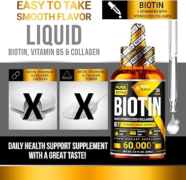 PURE RESEARCH Liquid Biotin & Collagen Hair Growth Drops 60,000mcg Biotin and Liquid Collagen Supplements for Women & Men Supports Glowing Skin, Healthy Hair & Nail Growth (2Fl Oz)