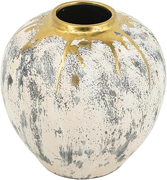 Curved Ceramic Flower Vase with Abstract Gray Finish and Lustrous Gold Trim Contemporary Accent Vase Distinctive Home Decor 12 x 12