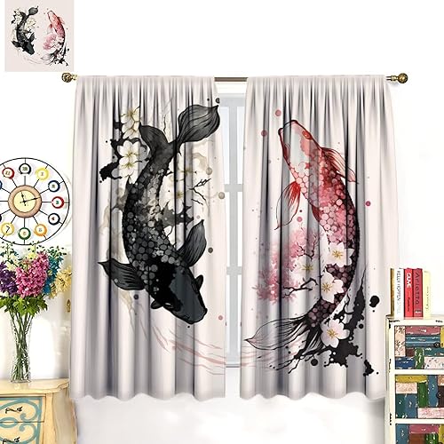 Miniatura 3 de Yin Yang - Cortinas opacas con diseño de pez Koi, flor de cerezo japonés, para oscurecer la habitación, decoración de ventana para sala de estar, 21