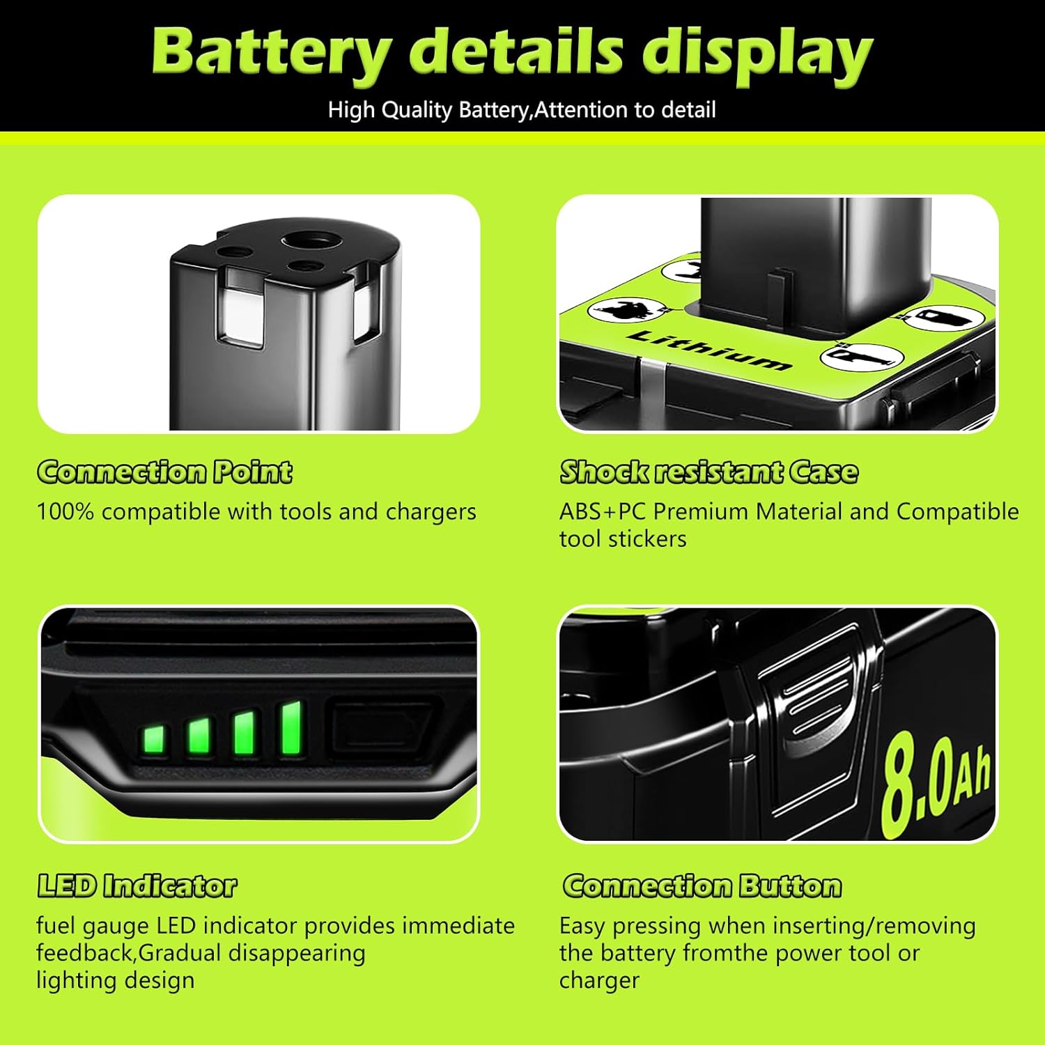 Totoplus Replacement for Ryobi 18V Battery: 18V 8.0Ah High Capacity Lithium-ion Compatible with Ryobi P108 P107 P109 Cordless Power Tools with LED Light 2 Pack