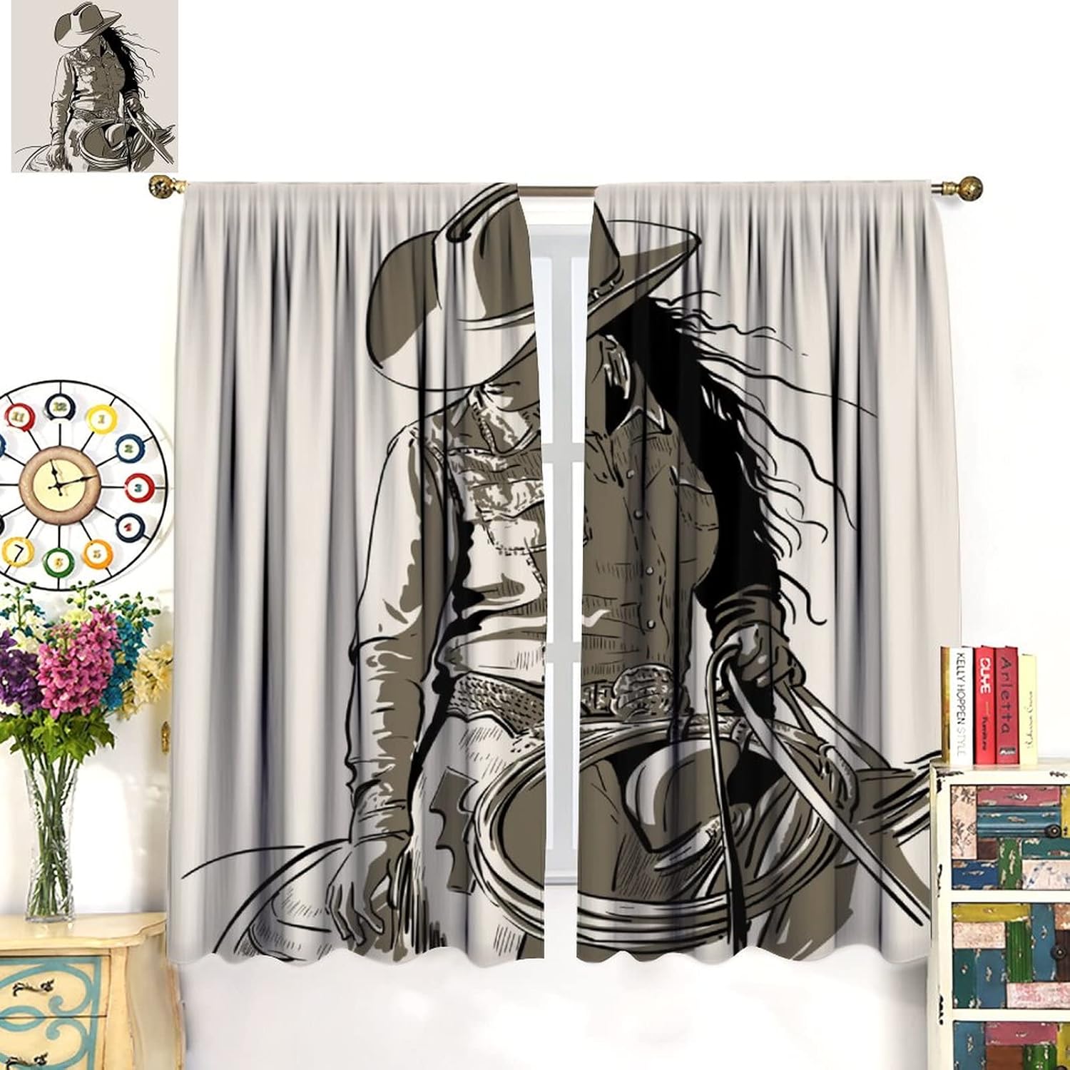 Western Cowboy Bedroom Curtains,Vintage American Cowgirl Cowboy Hat Home Decor Rod Pocket Window Drapes for Girls Women Bedroom Kitchen Bathroom,2 Panel Set W55xL63in